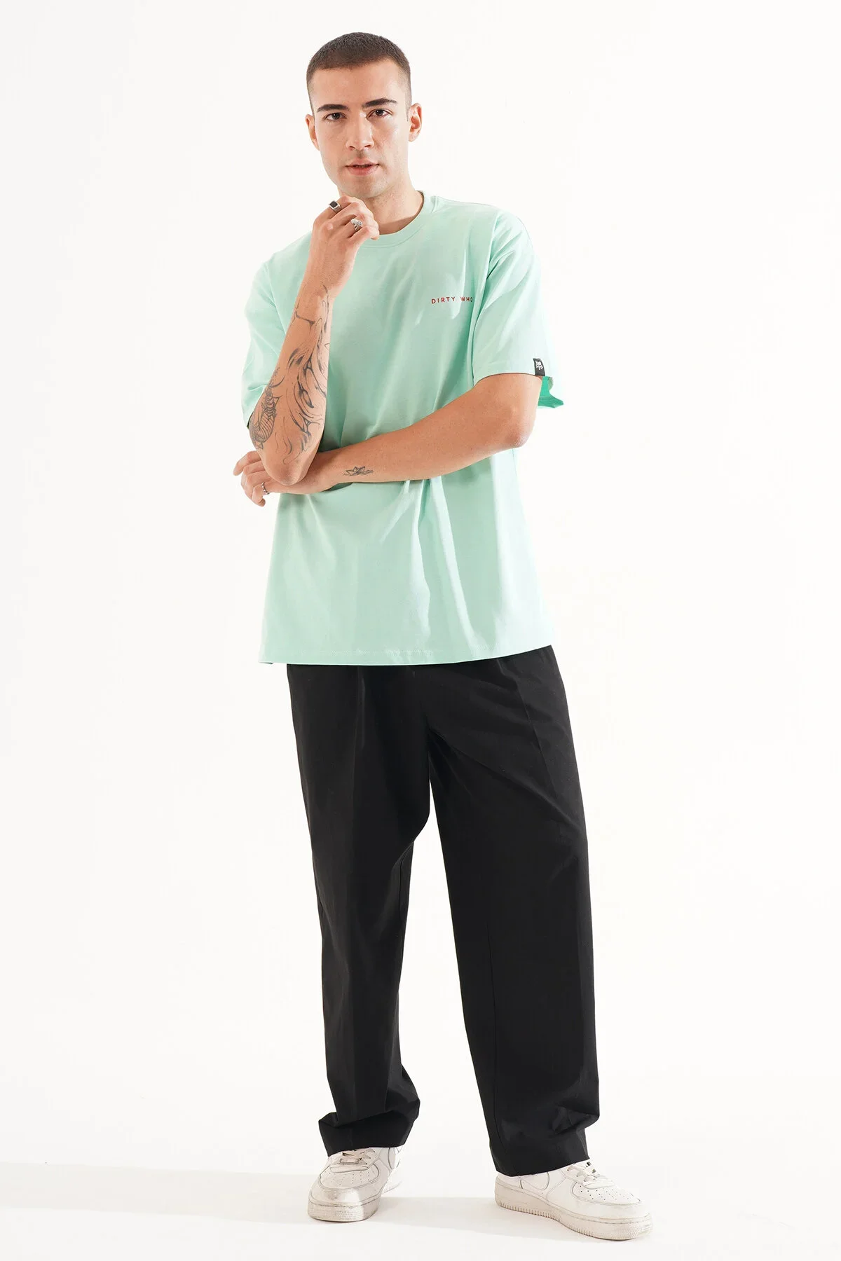 Erkek Kadife Baskılı Mint Oversize T-Shirt