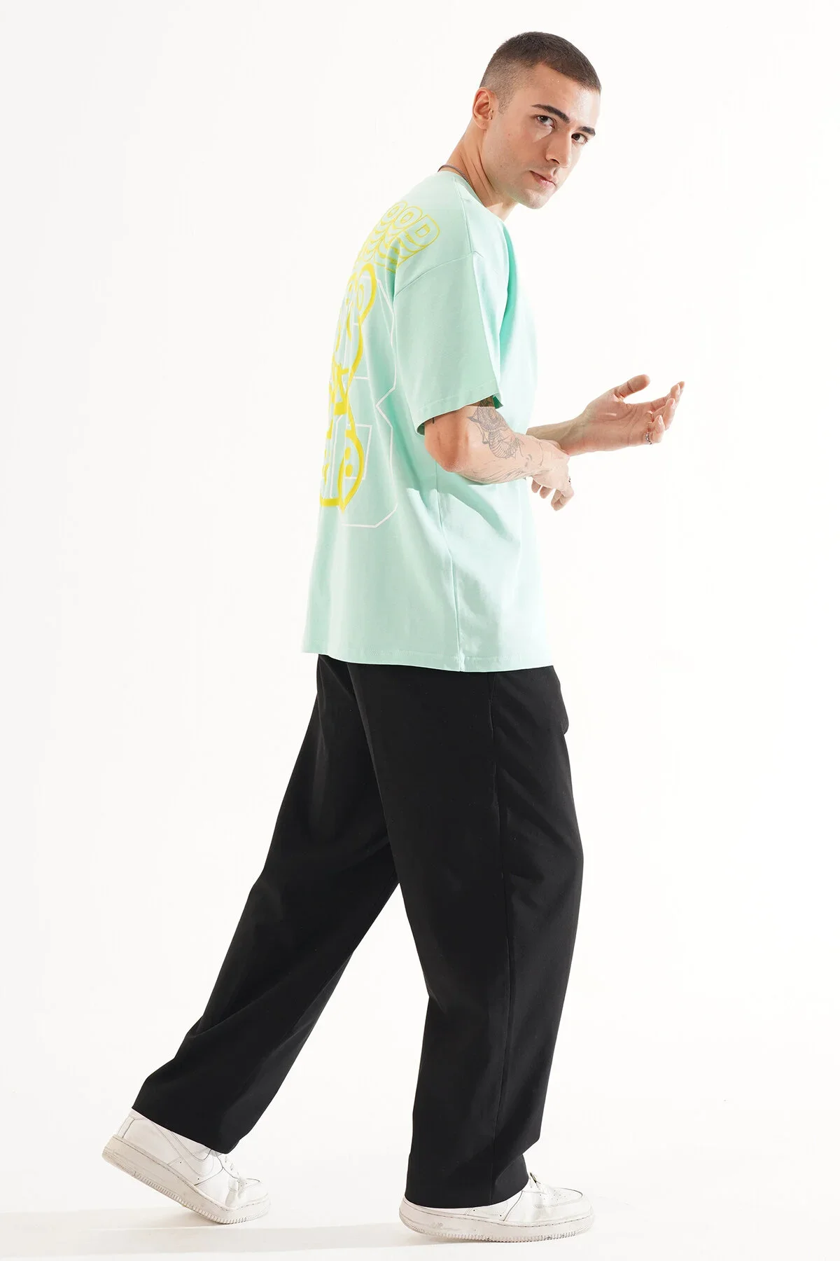 Erkek Kadife Baskılı Mint Oversize T-Shirt