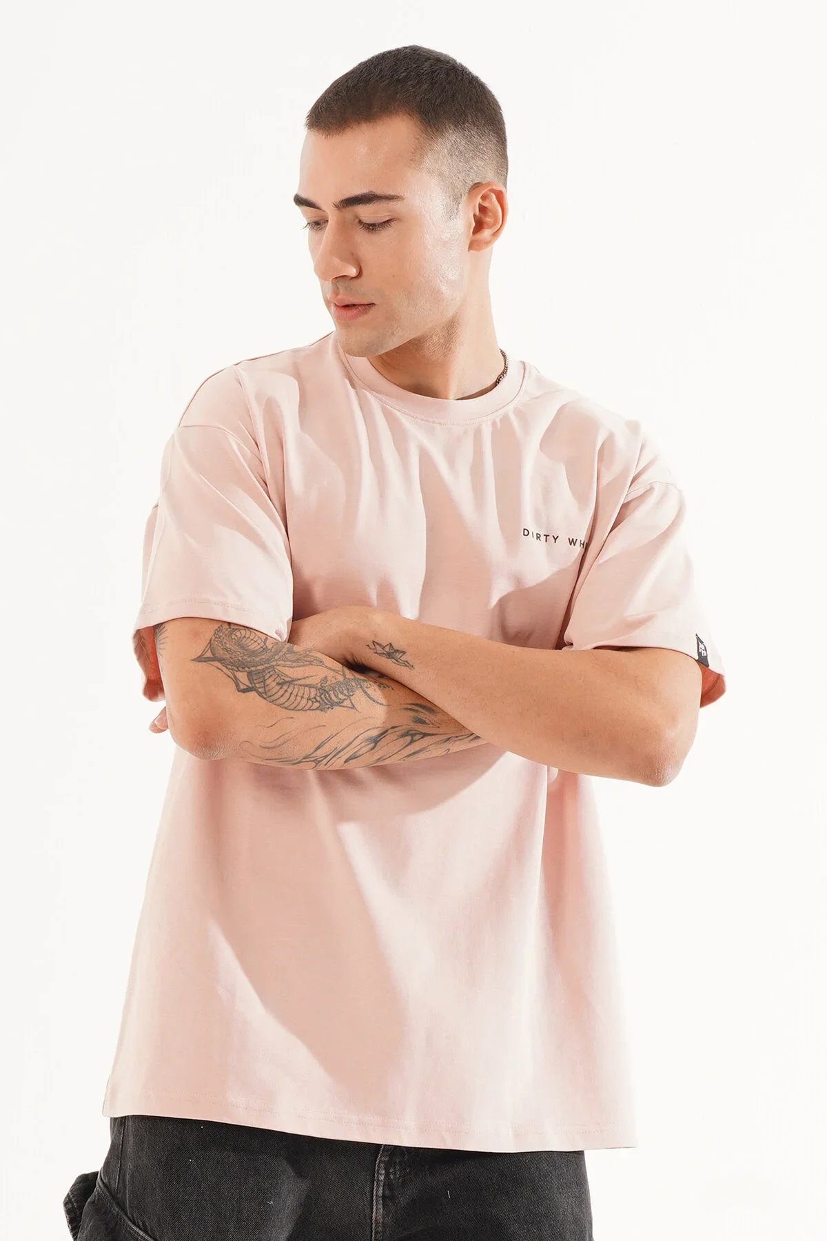 Erkek Kadife Baskılı Pembe Oversize T-Shirt