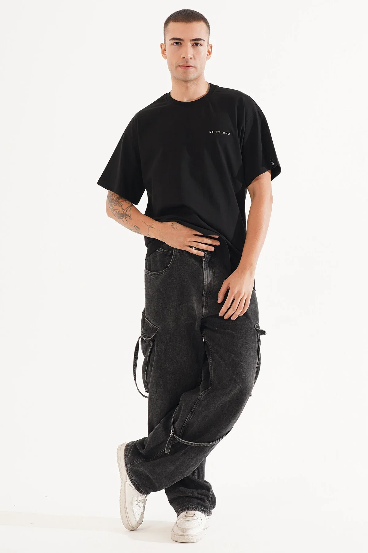 Erkek Kadife Baskılı Siyah Oversize T-Shirt - görsel 6