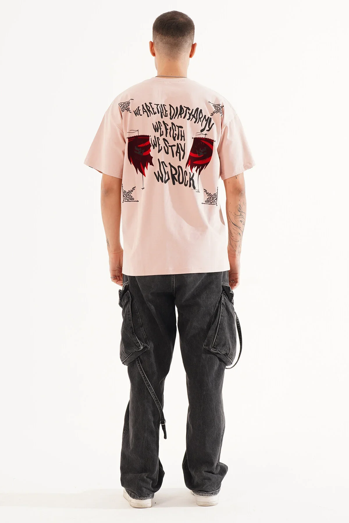 Erkek Kadife Baskılı Pembe Oversize T-Shirt
