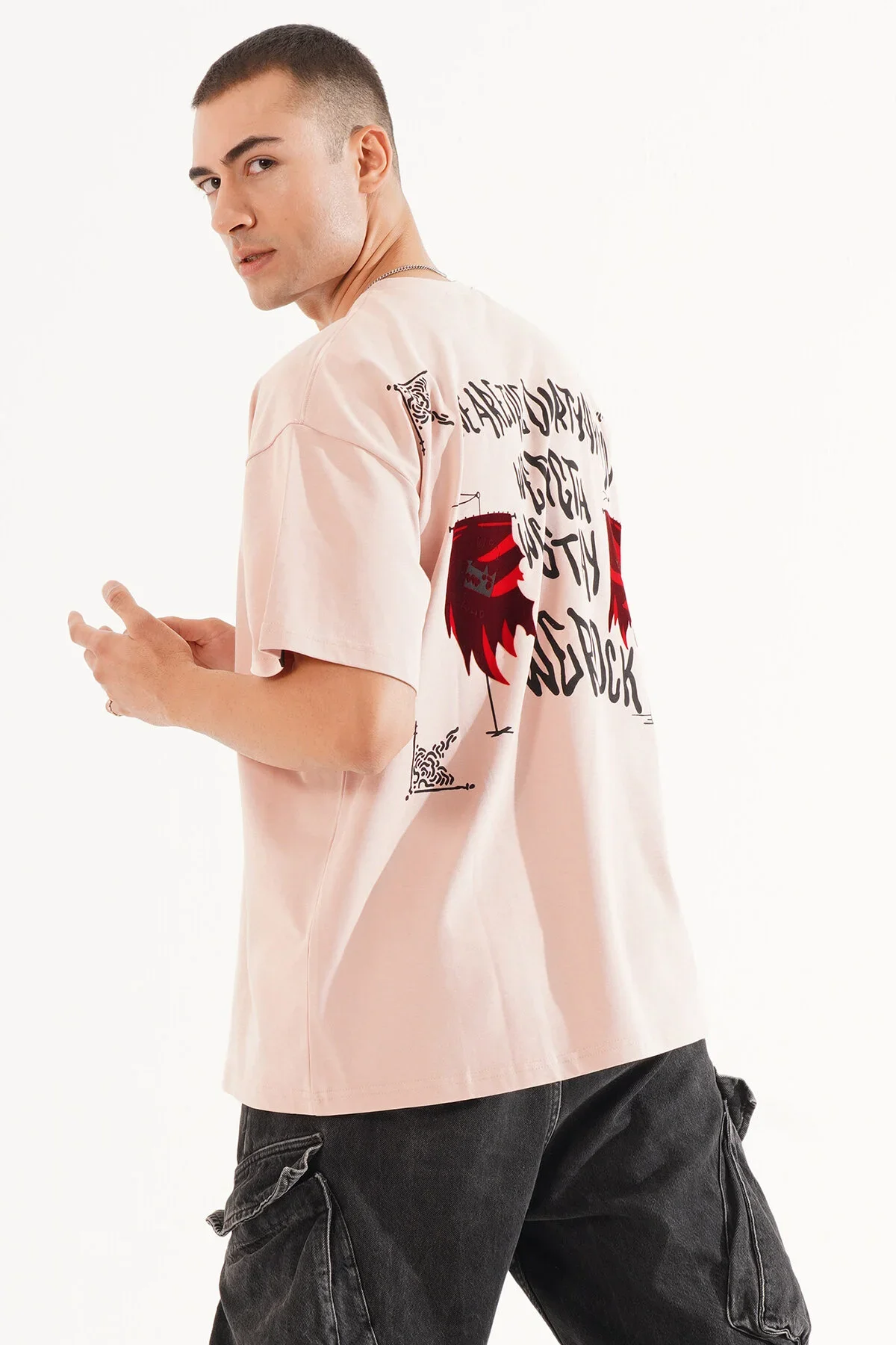 Erkek Kadife Baskılı Pembe Oversize T-Shirt - görsel 6