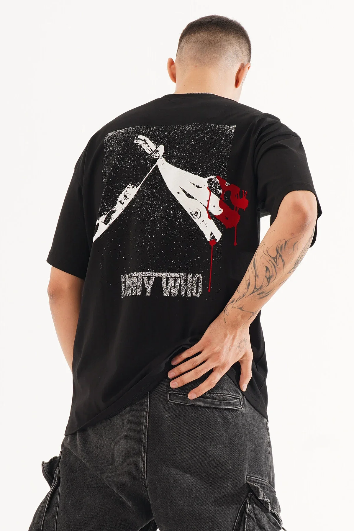 Erkek Kadife Baskılı Siyah Oversize T-Shirt
