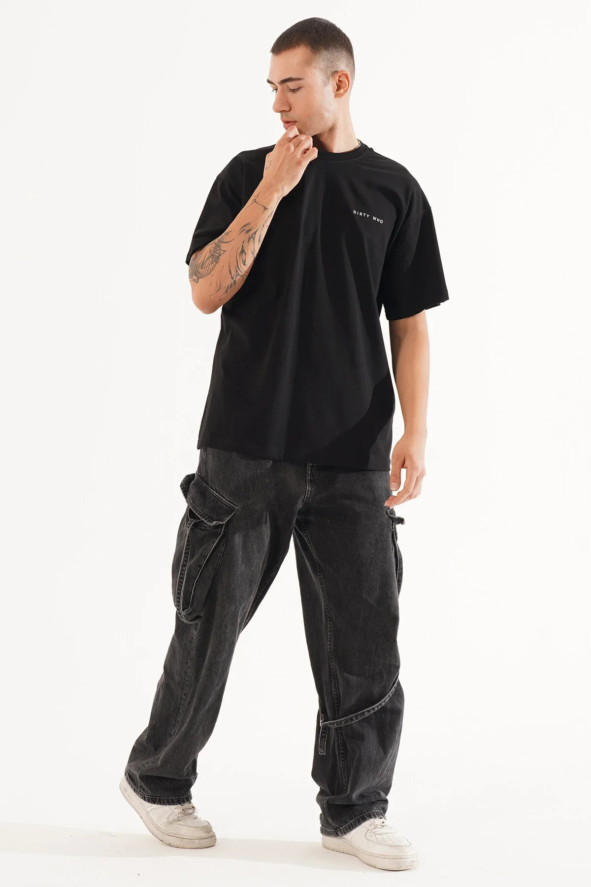 Erkek Kadife Baskılı Siyah Oversize T-Shirt