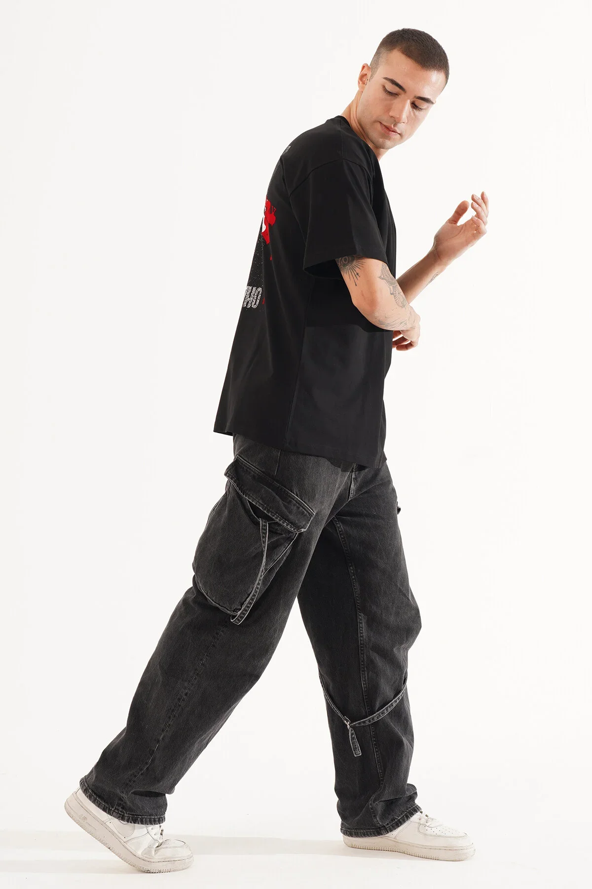 Erkek Kadife Baskılı Siyah Oversize T-Shirt