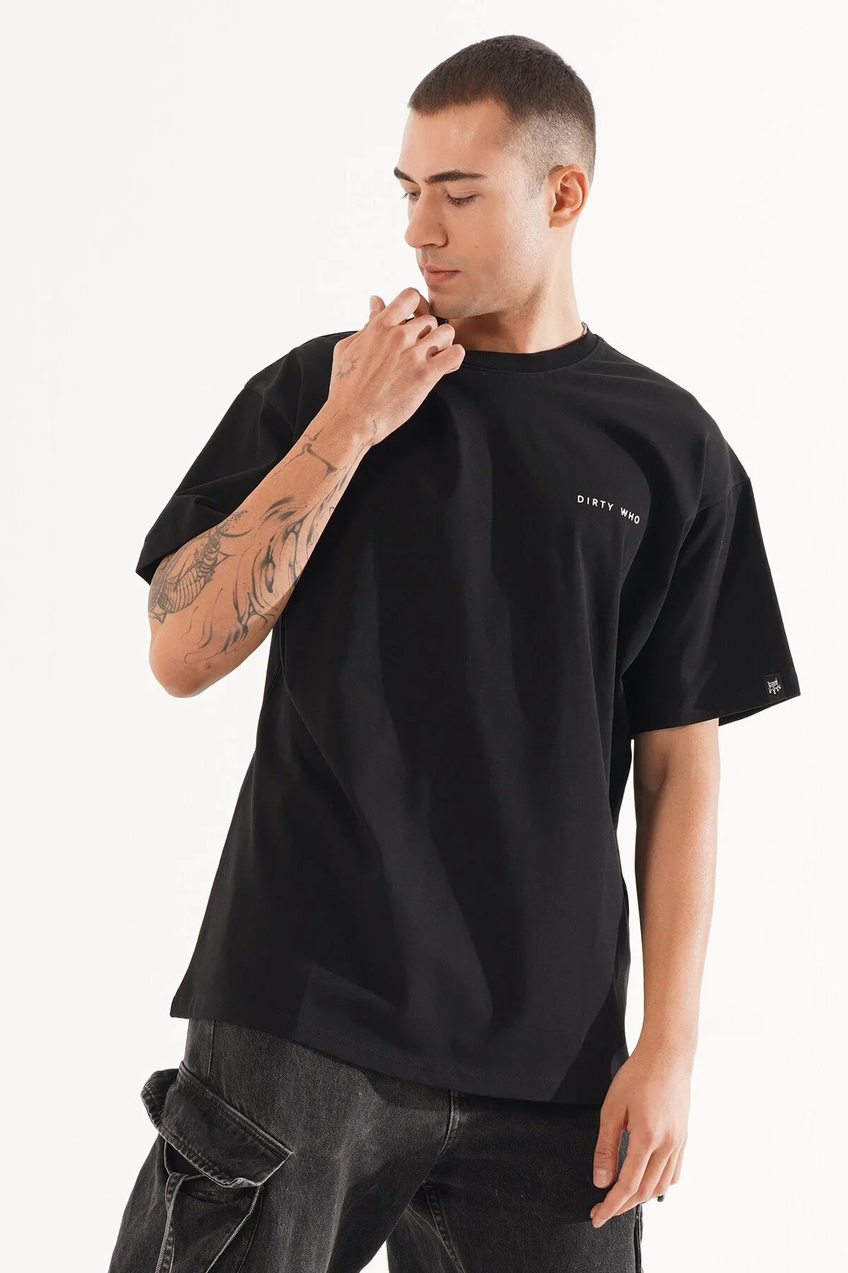 Erkek Kadife Baskılı Siyah Oversize T-Shirt
