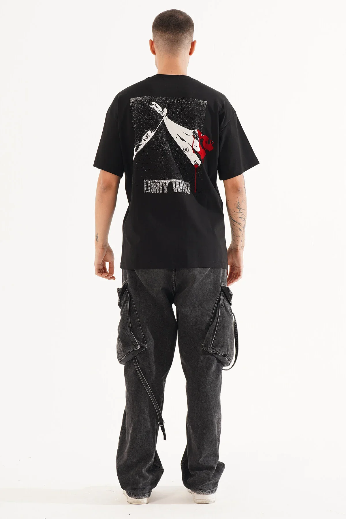 Erkek Kadife Baskılı Siyah Oversize T-Shirt - görsel 6