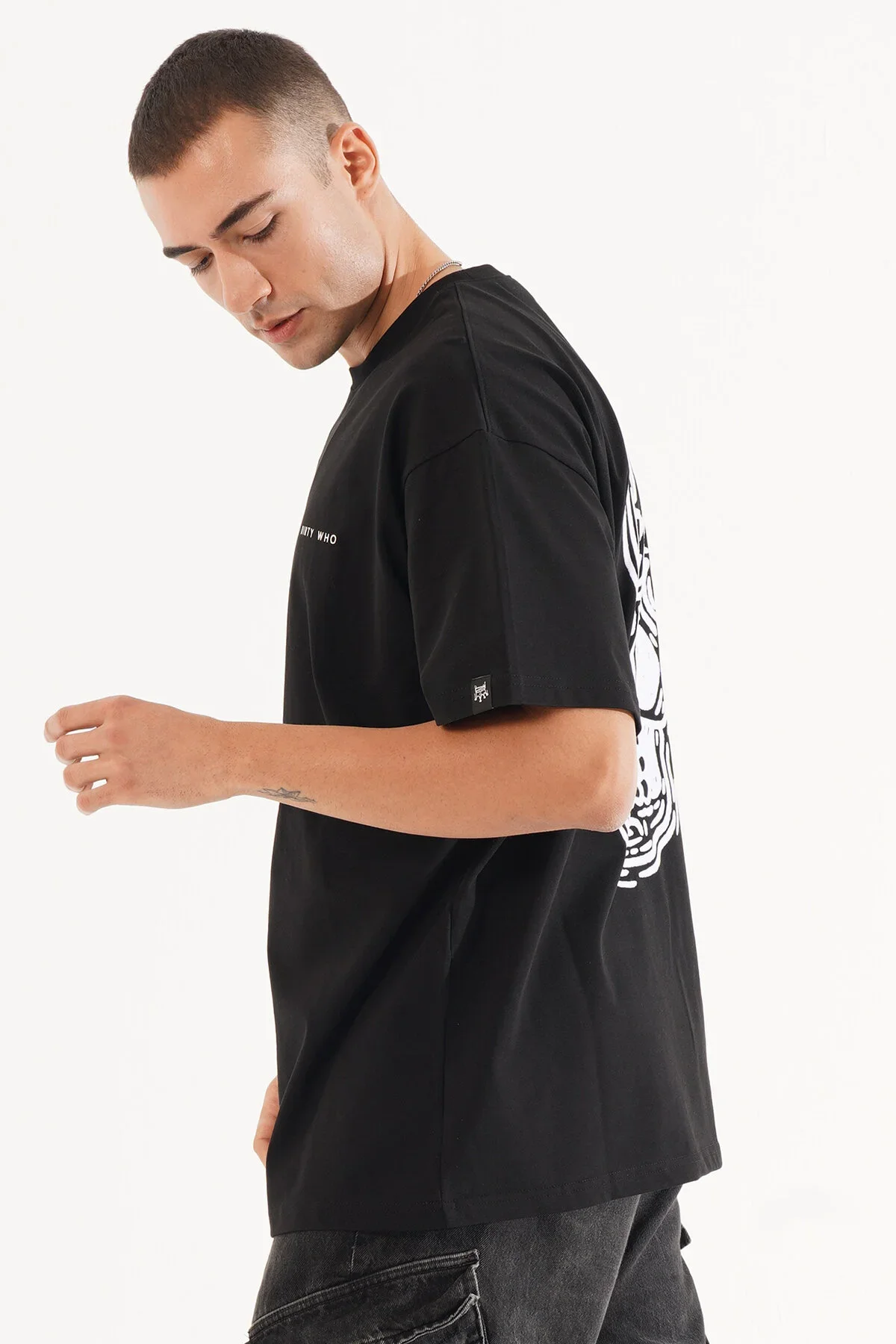 Erkek Kadife Baskılı Siyah Oversize T-Shirt