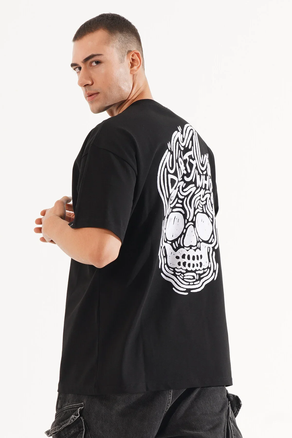 Erkek Kadife Baskılı Siyah Oversize T-Shirt