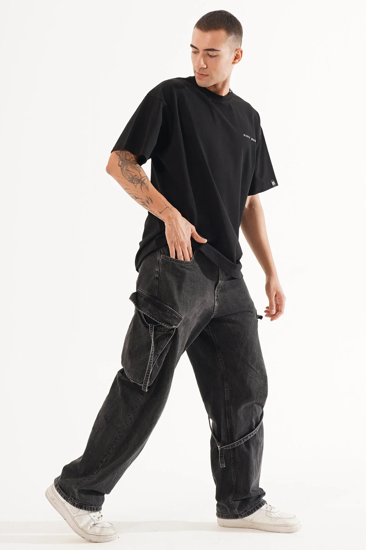 Erkek Kadife Baskılı Siyah Oversize T-Shirt - görsel 6