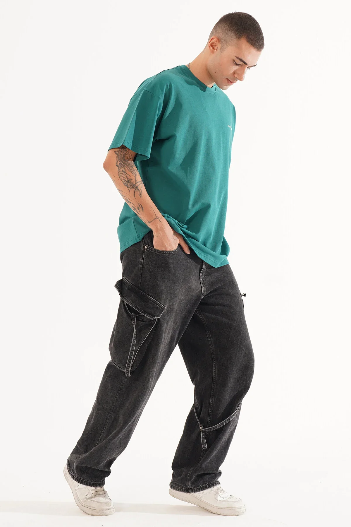Erkek Kadife Baskılı Yeşil Oversize T-Shirt