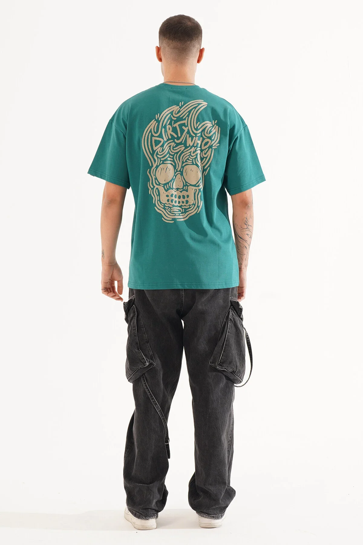 Erkek Kadife Baskılı Yeşil Oversize T-Shirt