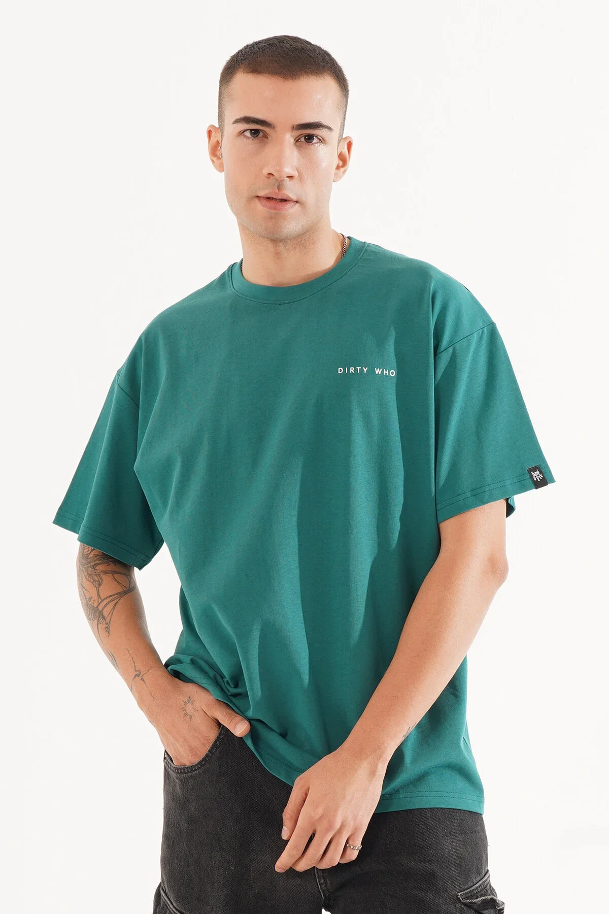 Erkek Kadife Baskılı Yeşil Oversize T-Shirt