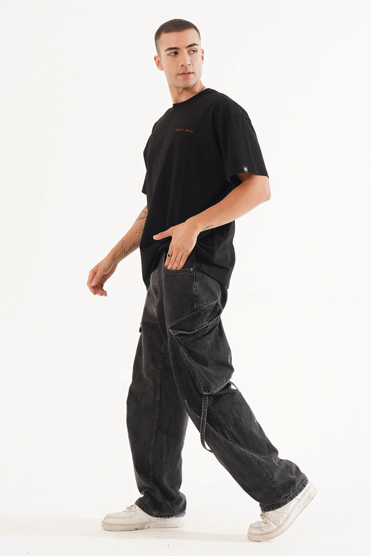 Erkek Kadife Baskılı Siyah Oversize T-Shirt