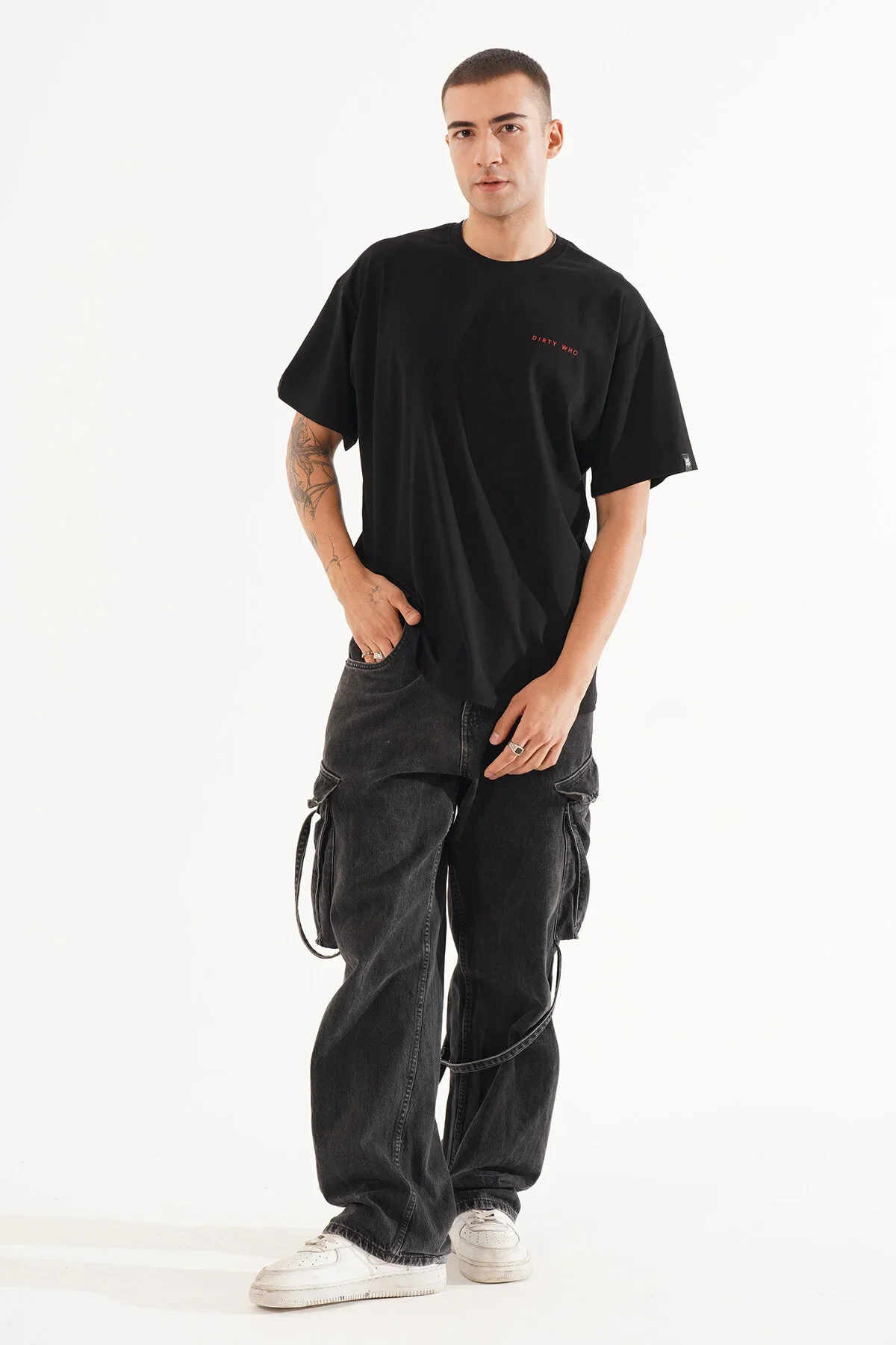 Erkek Kadife Baskılı Siyah Oversize T-Shirt