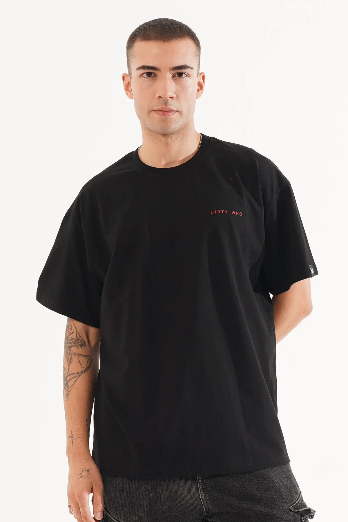 Erkek Kadife Baskılı Siyah Oversize T-Shirt