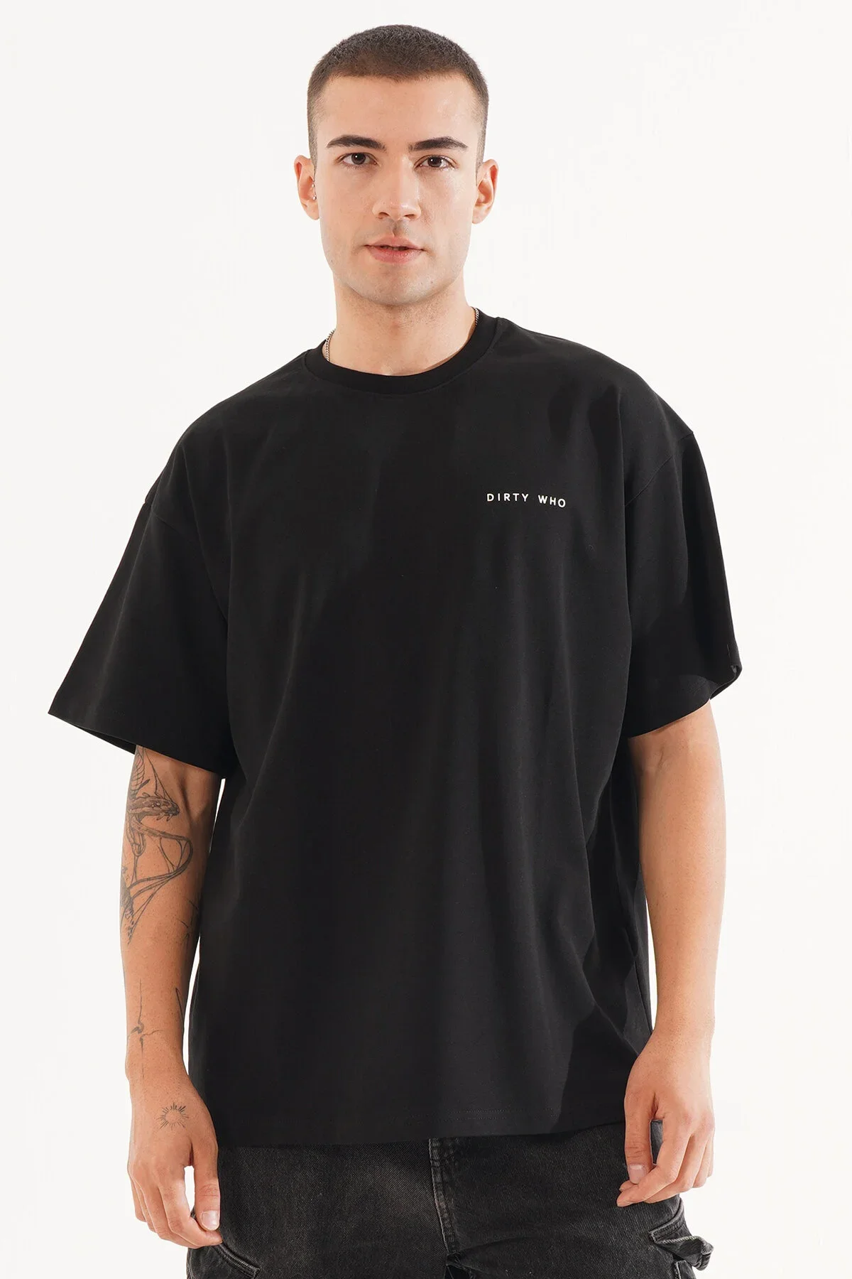 Erkek Kadife Baskılı Siyah Oversize T-Shirt - görsel 2
