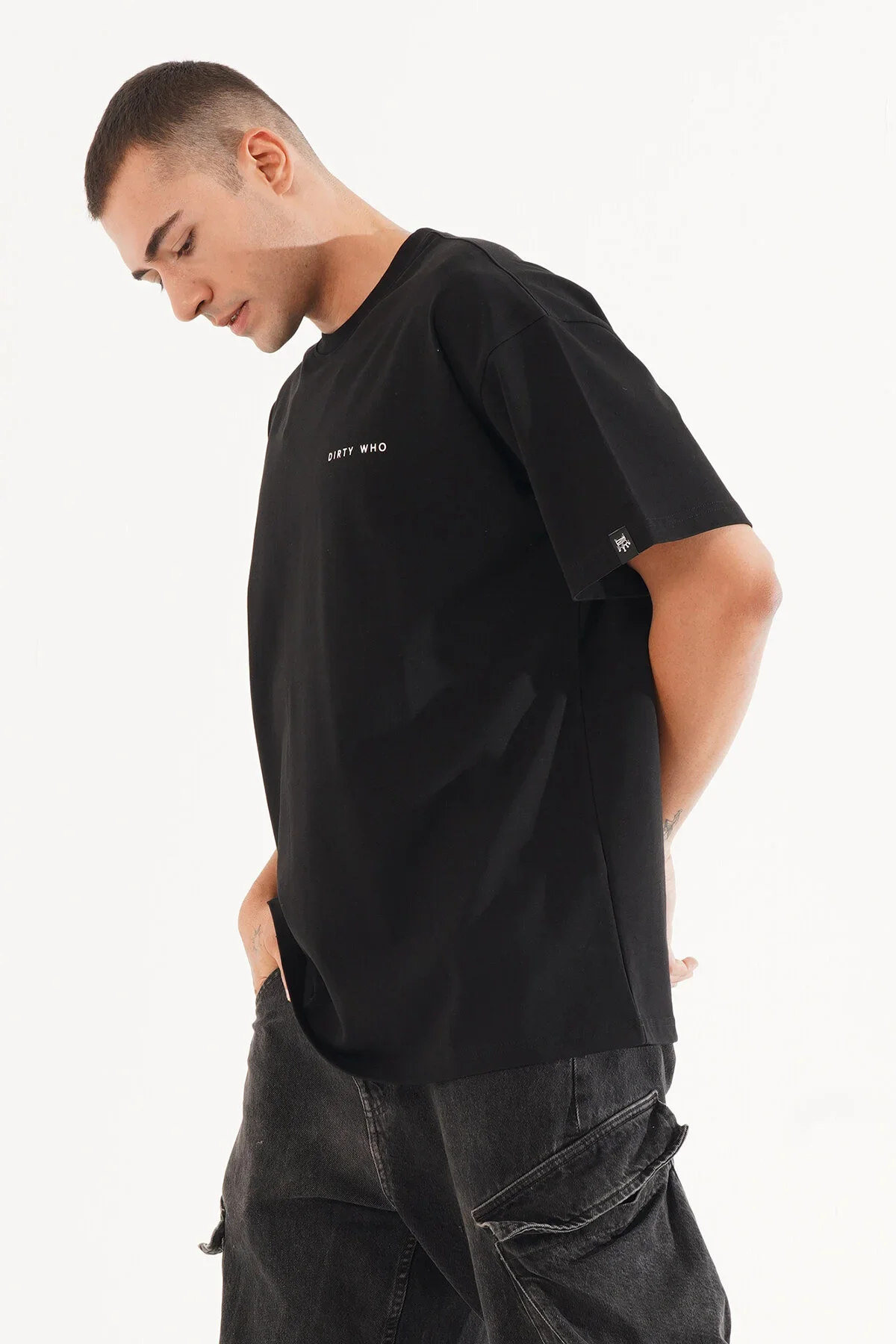 Erkek Kadife Baskılı Siyah Oversize T-Shirt - görsel 3
