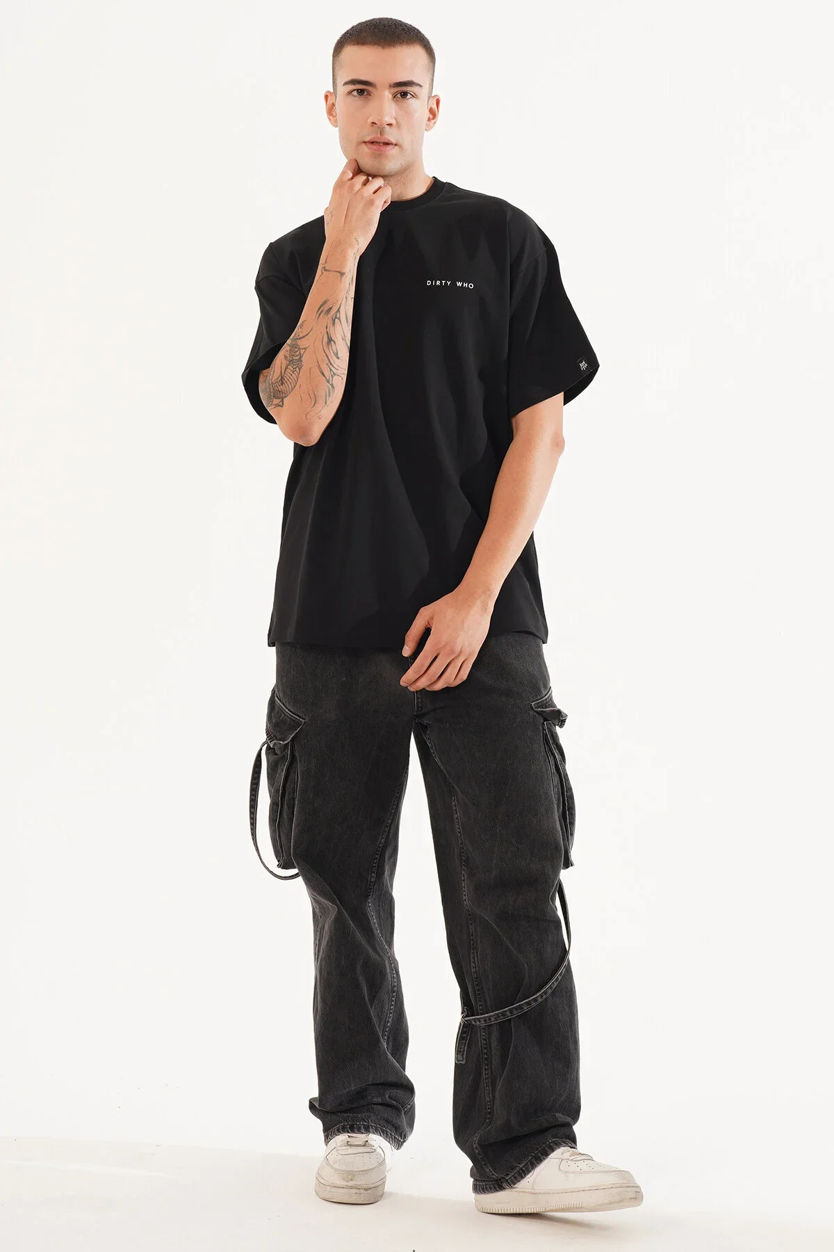 Erkek Kadife Baskılı Siyah Oversize T-Shirt - görsel 5
