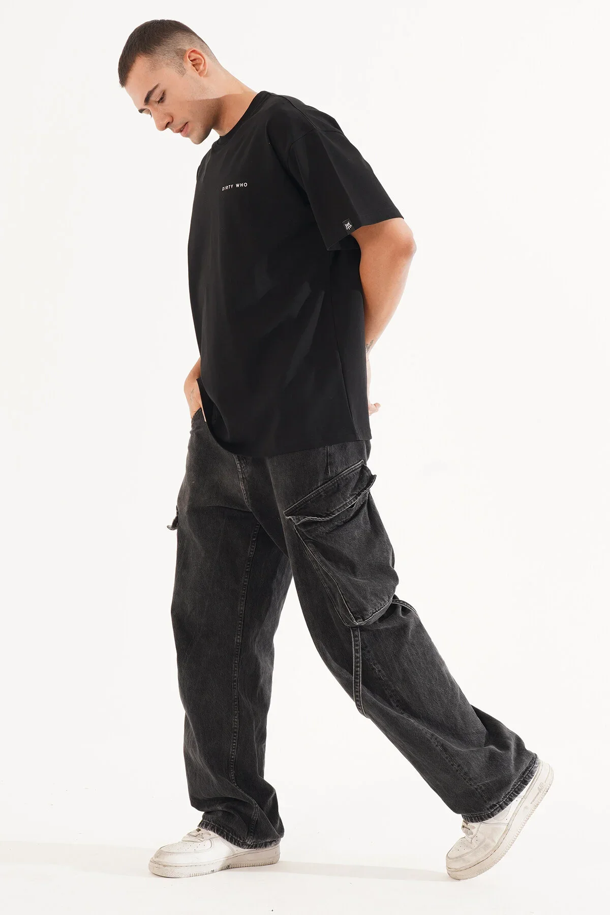 Erkek Kadife Baskılı Siyah Oversize T-Shirt - görsel 6