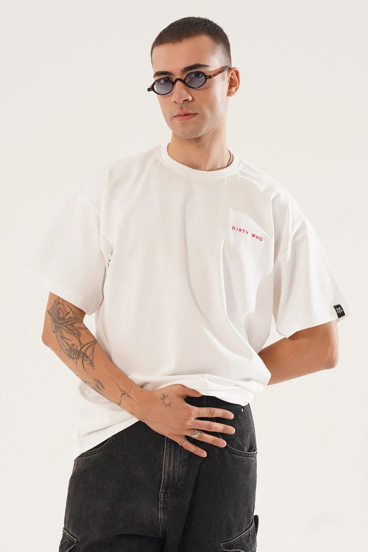 Erkek Kadife Baskılı Beyaz Oversize T-Shirt - görsel 3