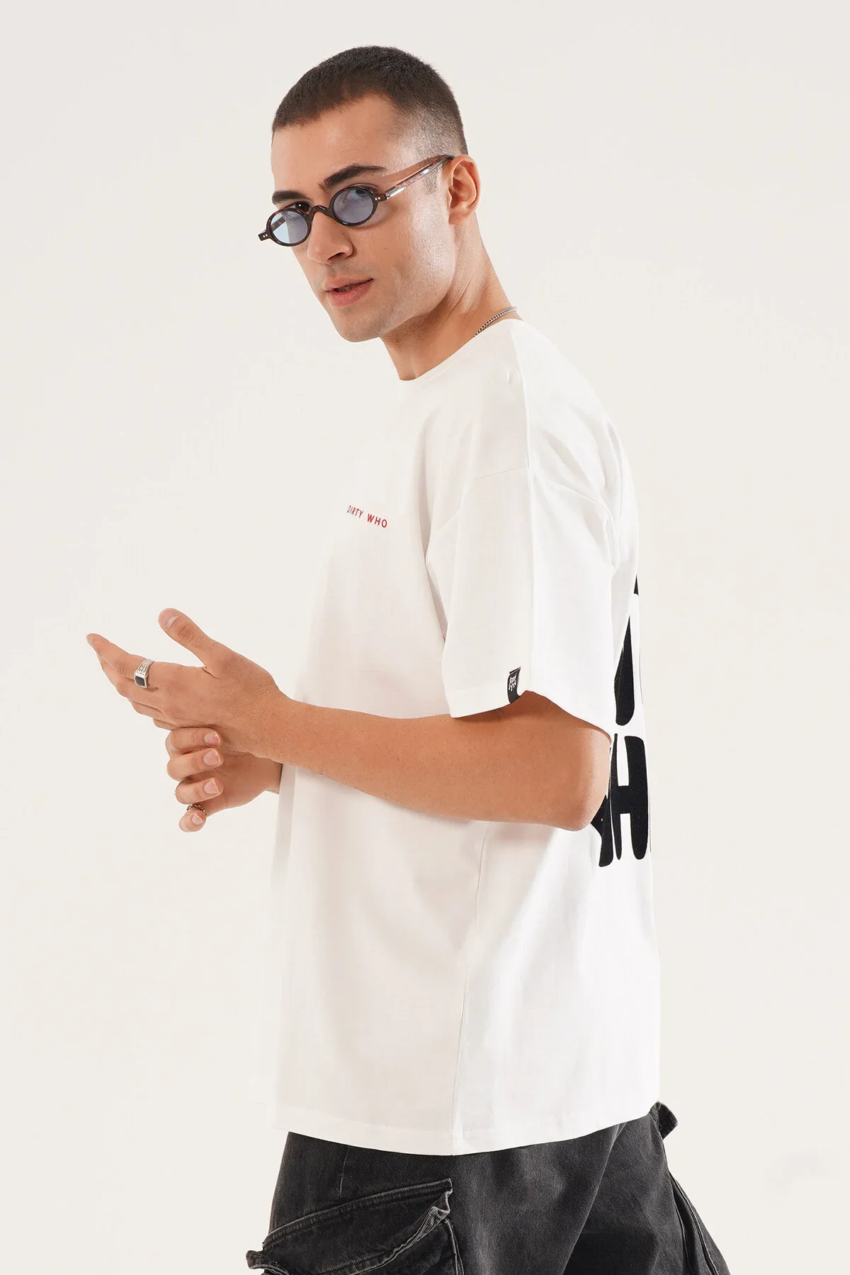 Erkek Kadife Baskılı Beyaz Oversize T-Shirt - görsel 6
