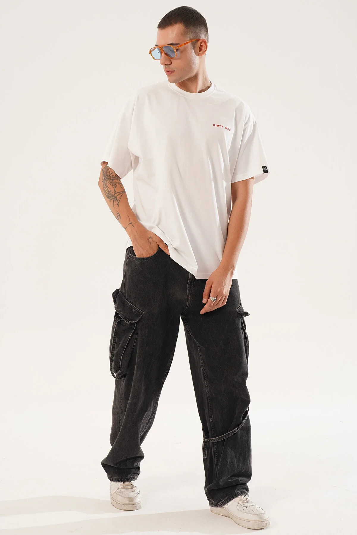 Erkek Kadife Baskılı Beyaz Oversize T-Shirt - görsel 2
