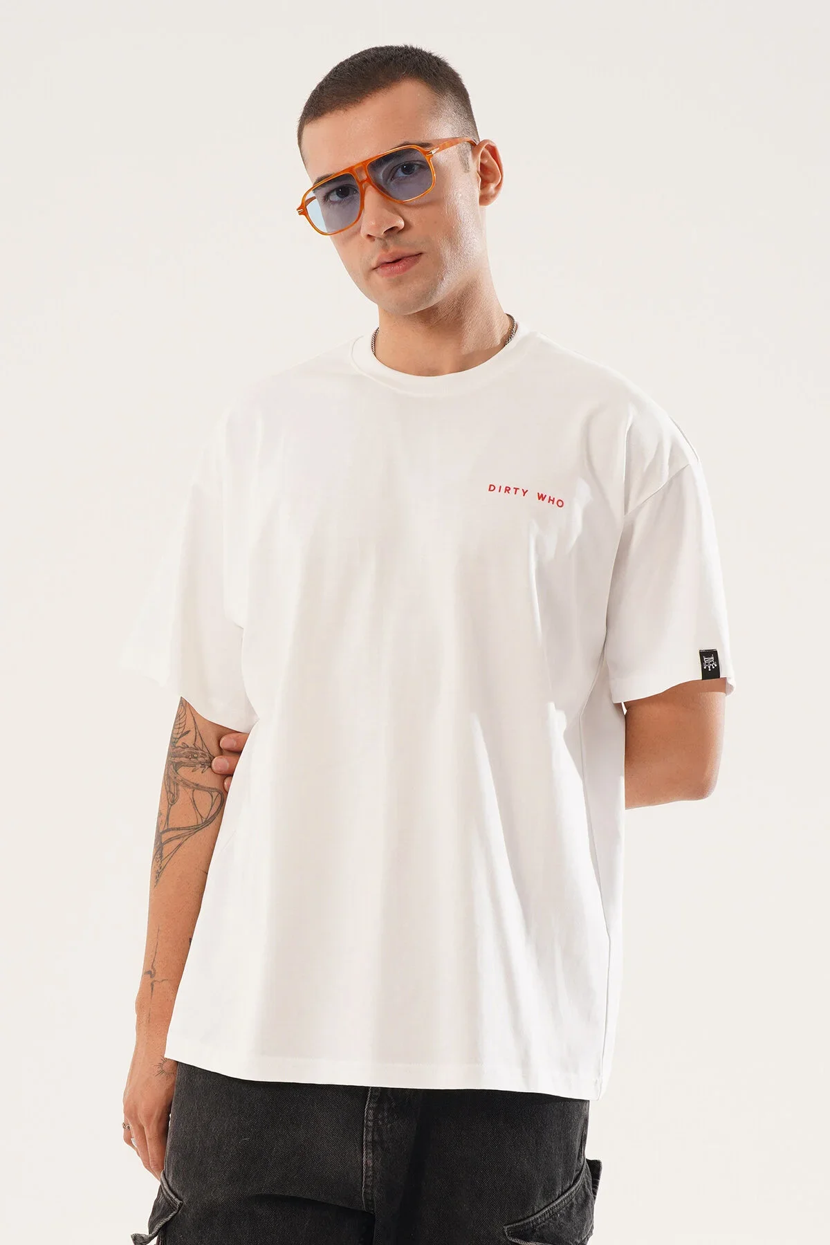Erkek Kadife Baskılı Beyaz Oversize T-Shirt - görsel 3