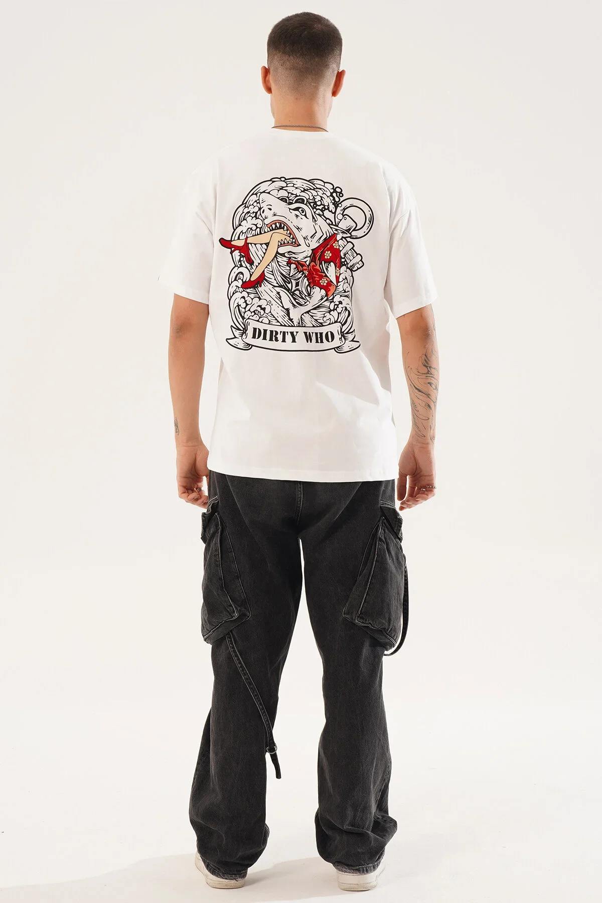 Erkek Kadife Baskılı Beyaz Oversize T-Shirt - görsel 4