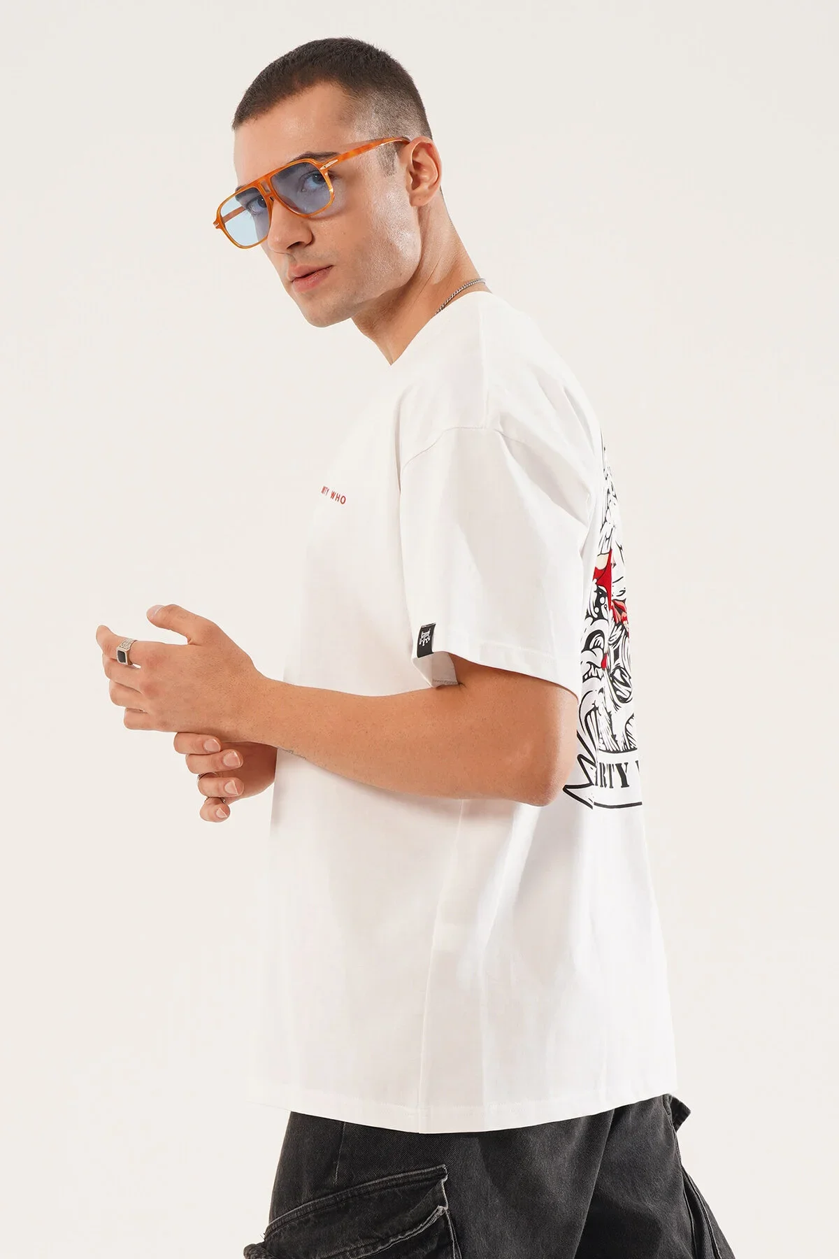 Erkek Kadife Baskılı Beyaz Oversize T-Shirt - görsel 5