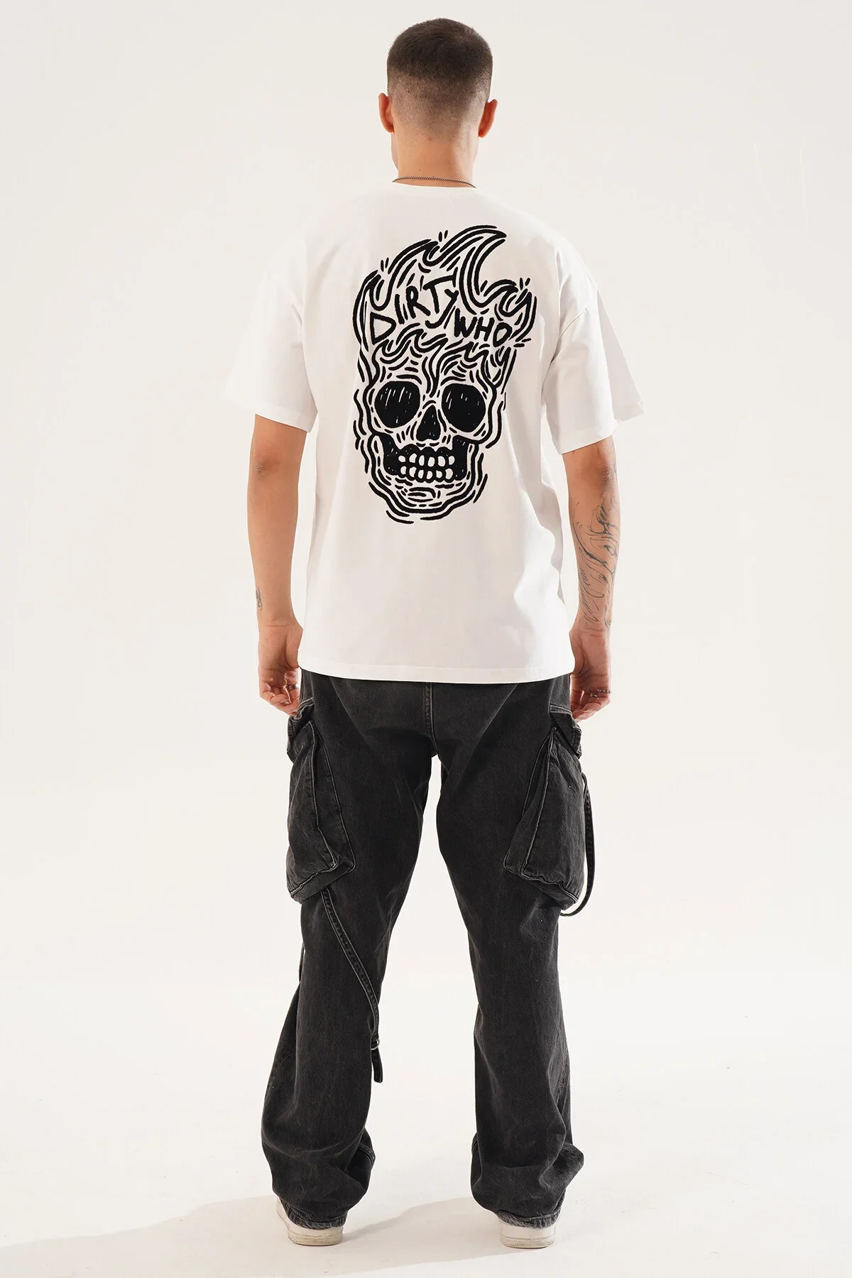 Erkek Kadife Baskılı Beyaz Oversize T-Shirt - görsel 4