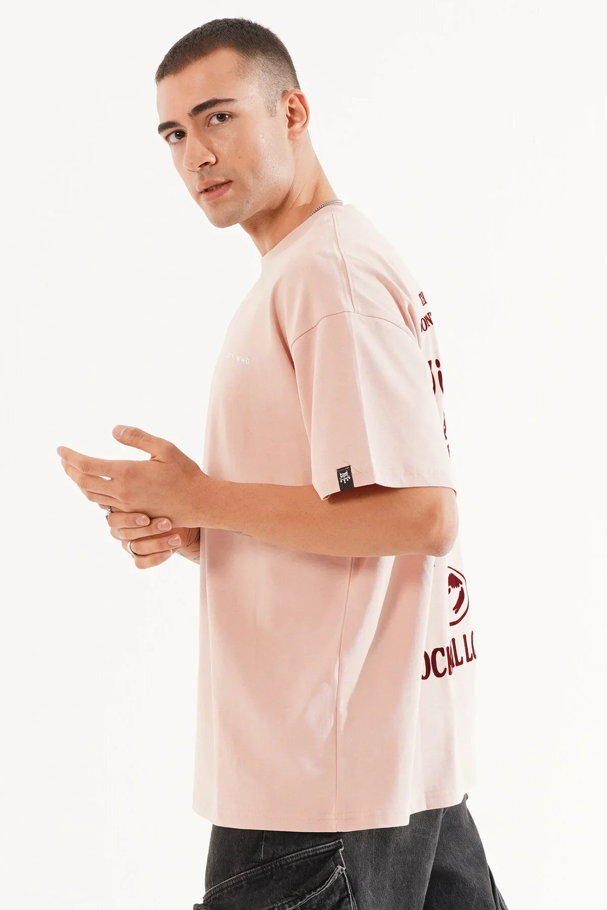 Erkek Kadife Baskılı Pembe Oversize T-Shirt - görsel 2