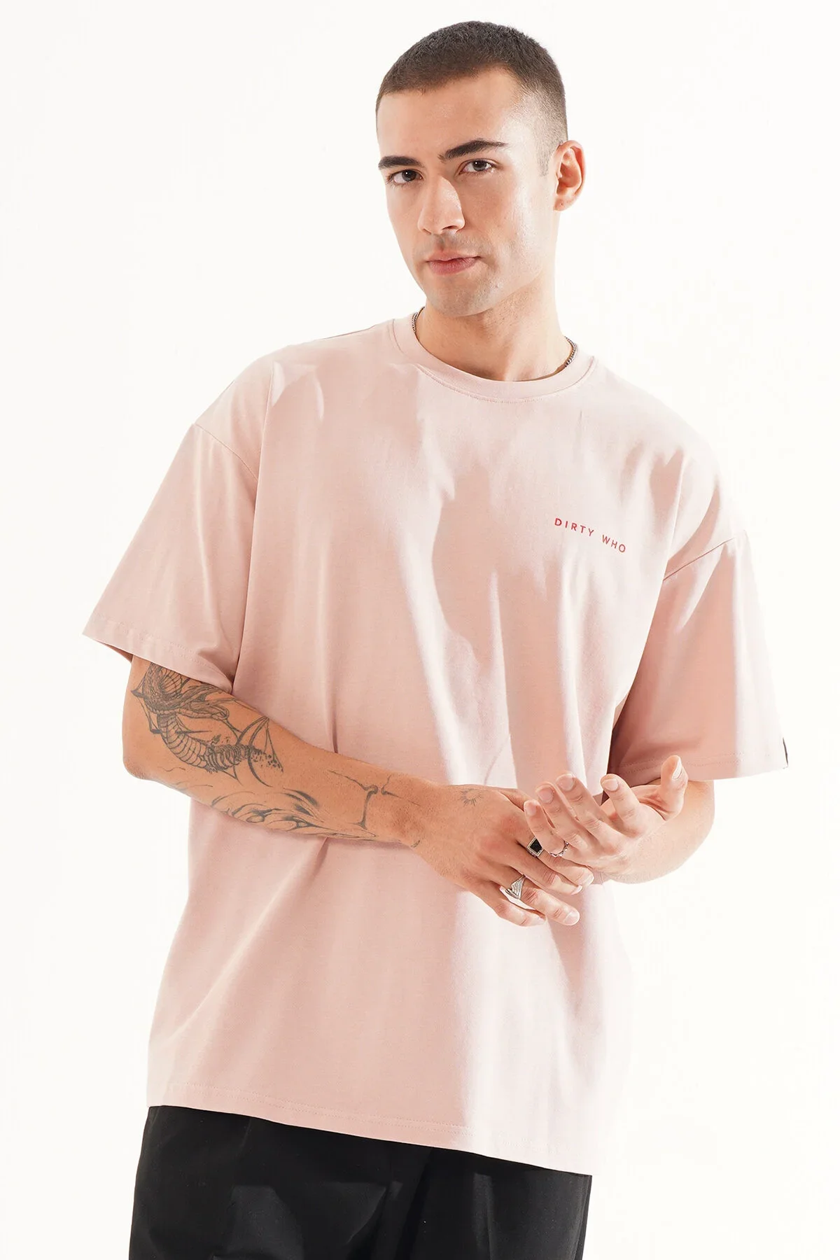 Erkek Kadife Baskılı Pembe Oversize T-Shirt - görsel 2
