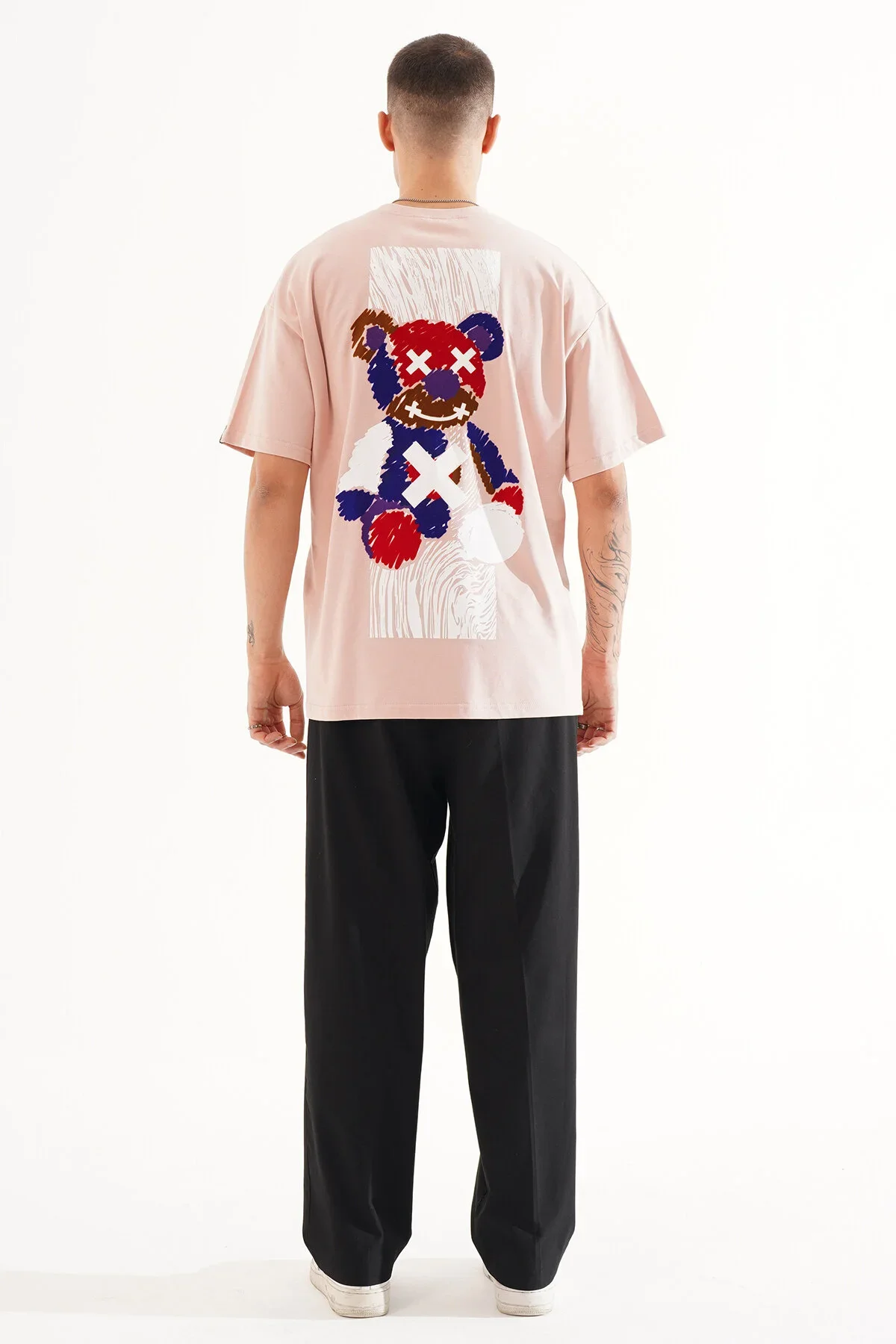 Erkek Kadife Baskılı Pembe Oversize T-Shirt - görsel 3