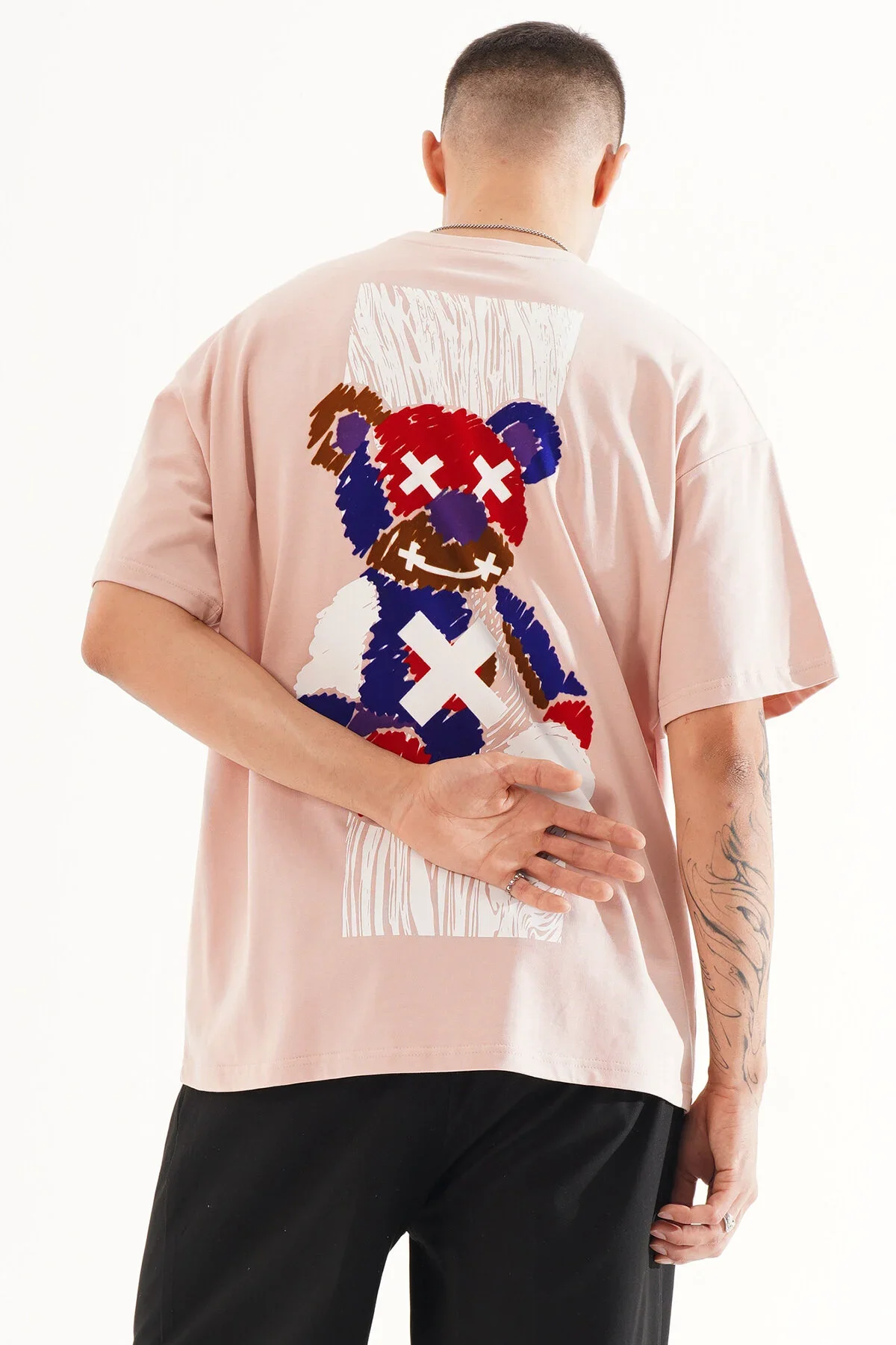 Erkek Kadife Baskılı Pembe Oversize T-Shirt - görsel 6