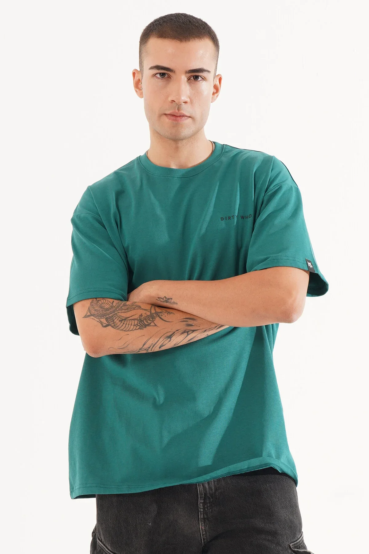 Erkek Kadife Baskılı Yeşil Oversize T-shirt - görsel 2