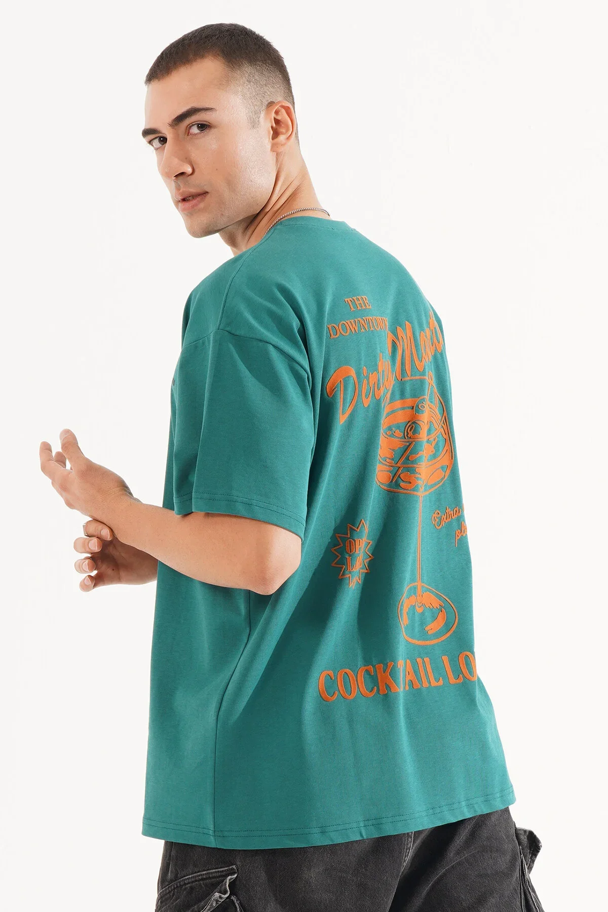 Erkek Kadife Baskılı Yeşil Oversize T-shirt - görsel 3