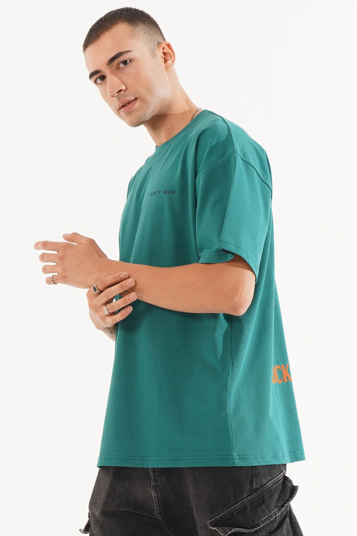 Erkek Kadife Baskılı Yeşil Oversize T-shirt - görsel 4