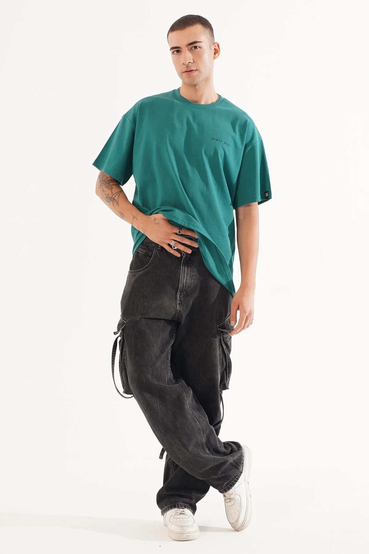 Erkek Kadife Baskılı Yeşil Oversize T-shirt - görsel 5