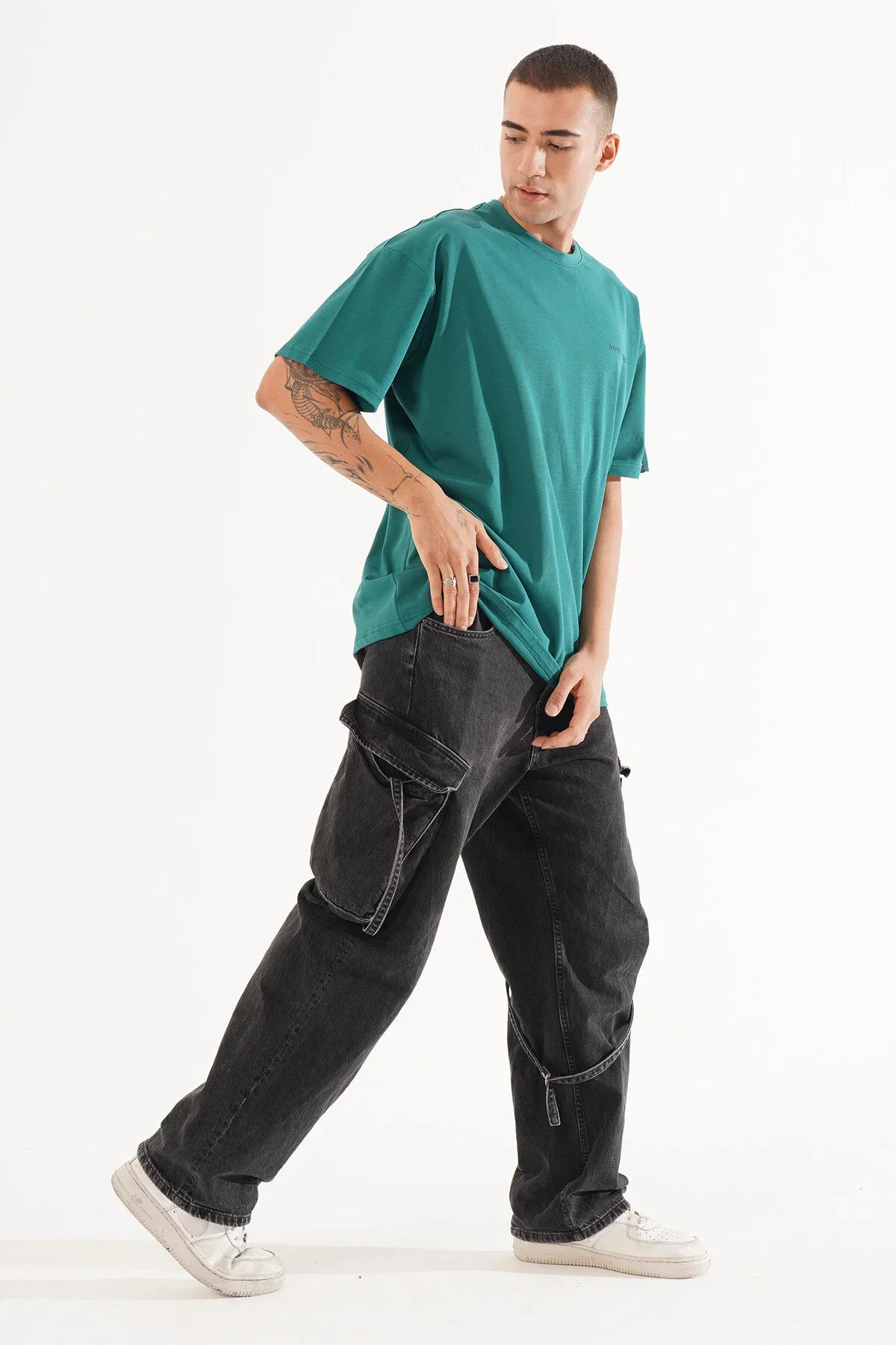 Erkek Kadife Baskılı Yeşil Oversize T-shirt - görsel 6