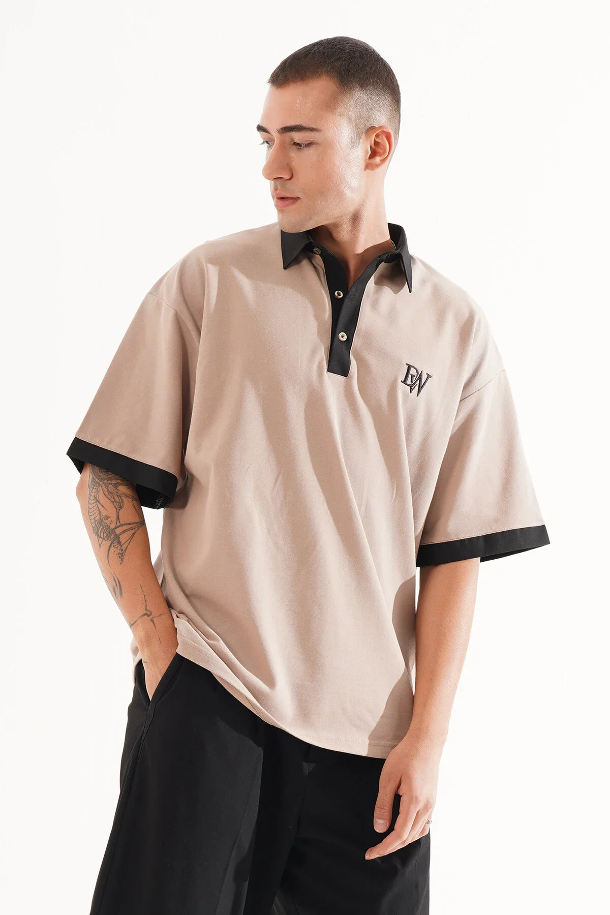 Erkek Oversize Vizon Polo Yaka T-shirt