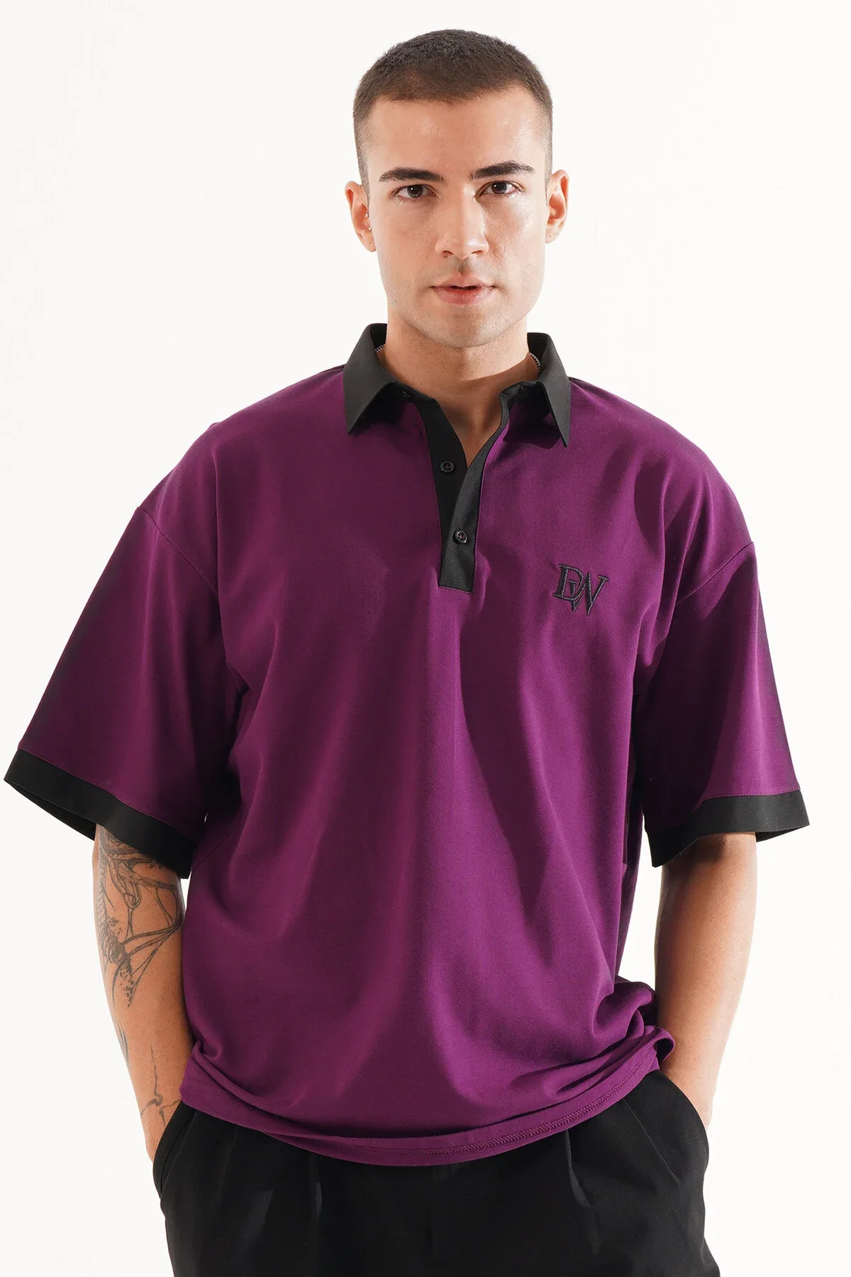 Erkek Oversize Mor Polo Yaka T-shirt - görsel 2