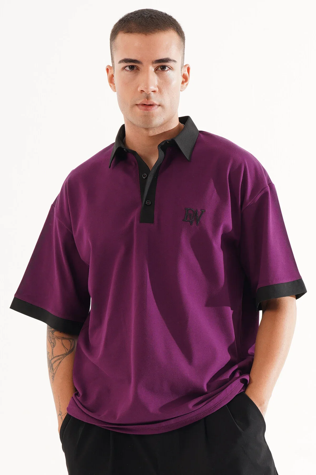 Erkek Oversize Mor Polo Yaka T-shirt - görsel 3