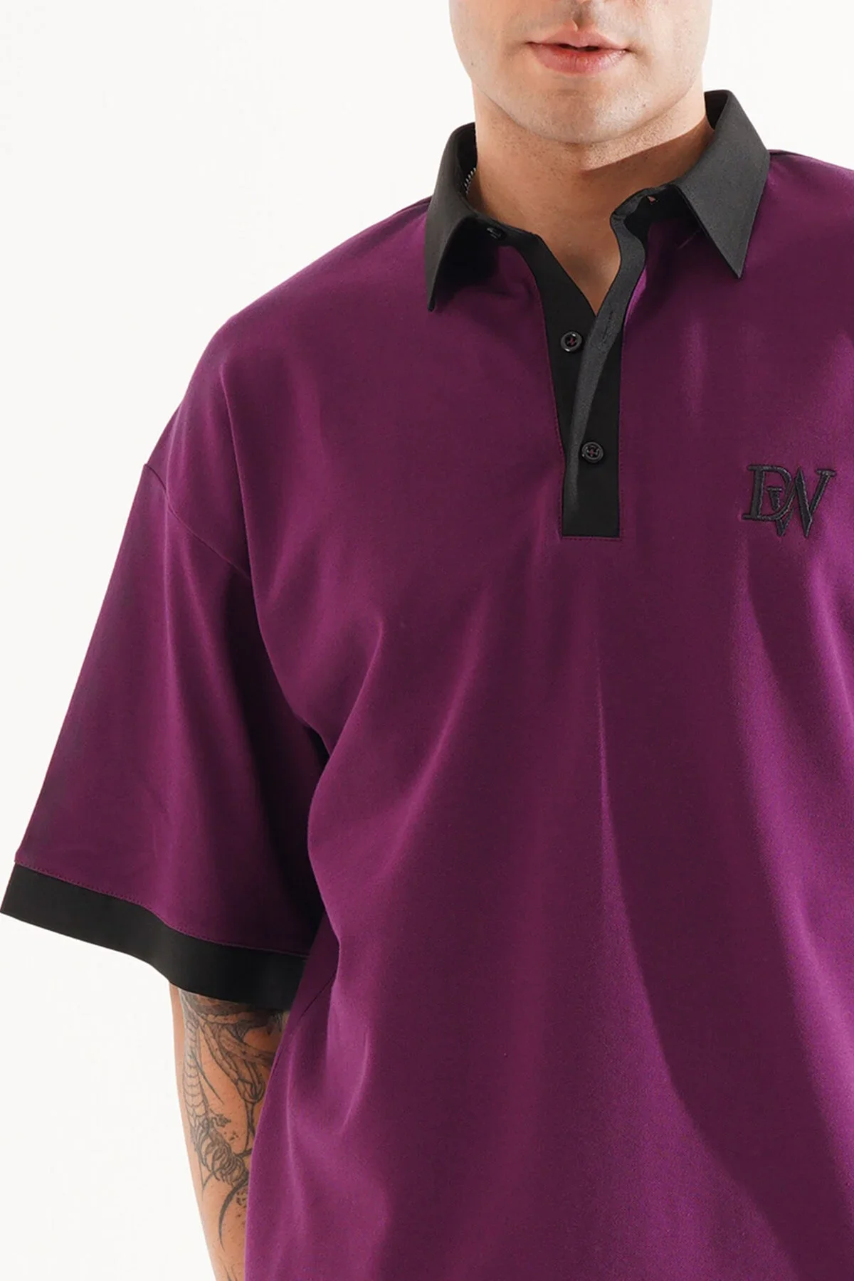 Erkek Oversize Mor Polo Yaka T-shirt - görsel 4