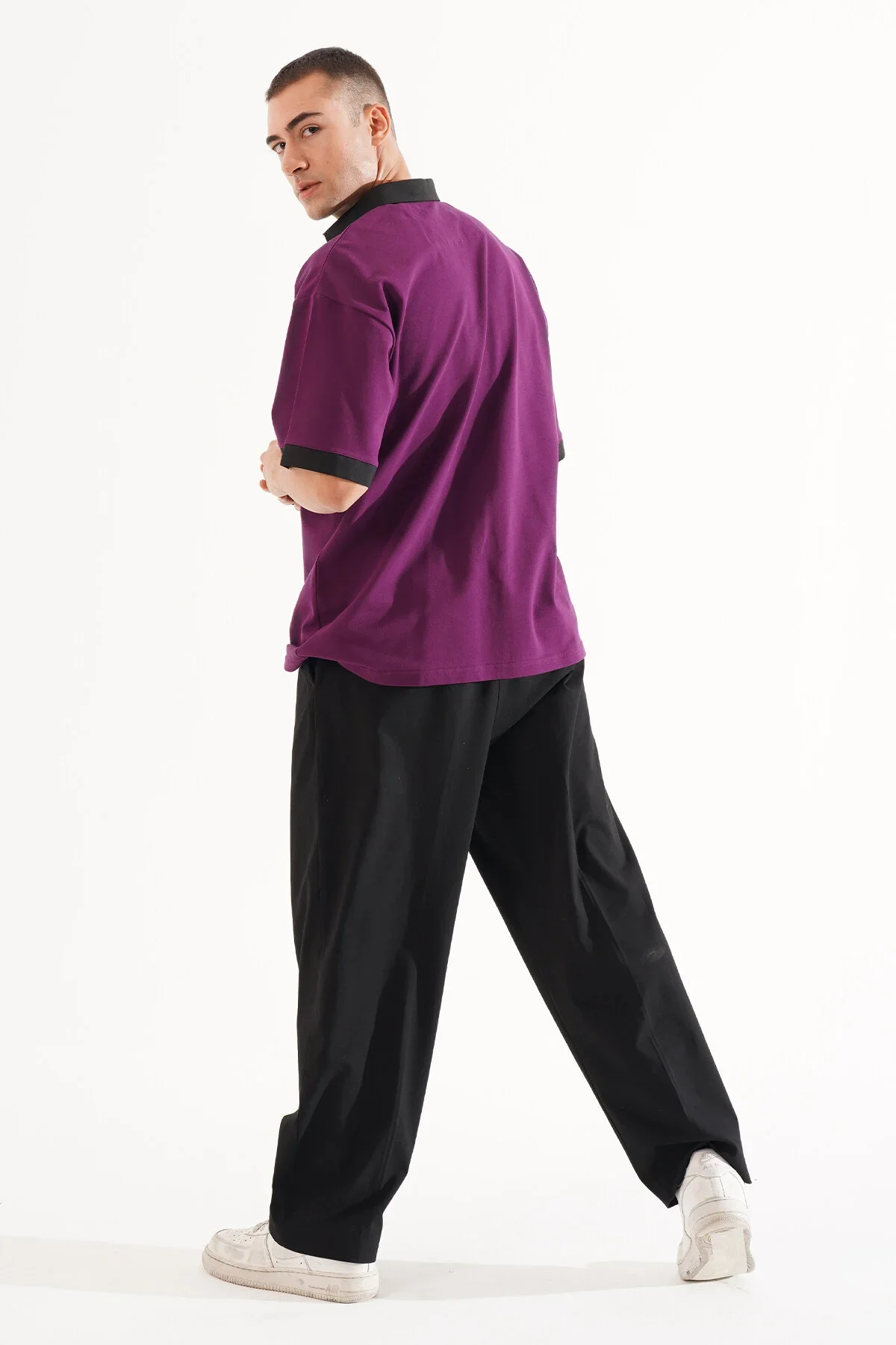 Erkek Oversize Mor Polo Yaka T-shirt - görsel 5