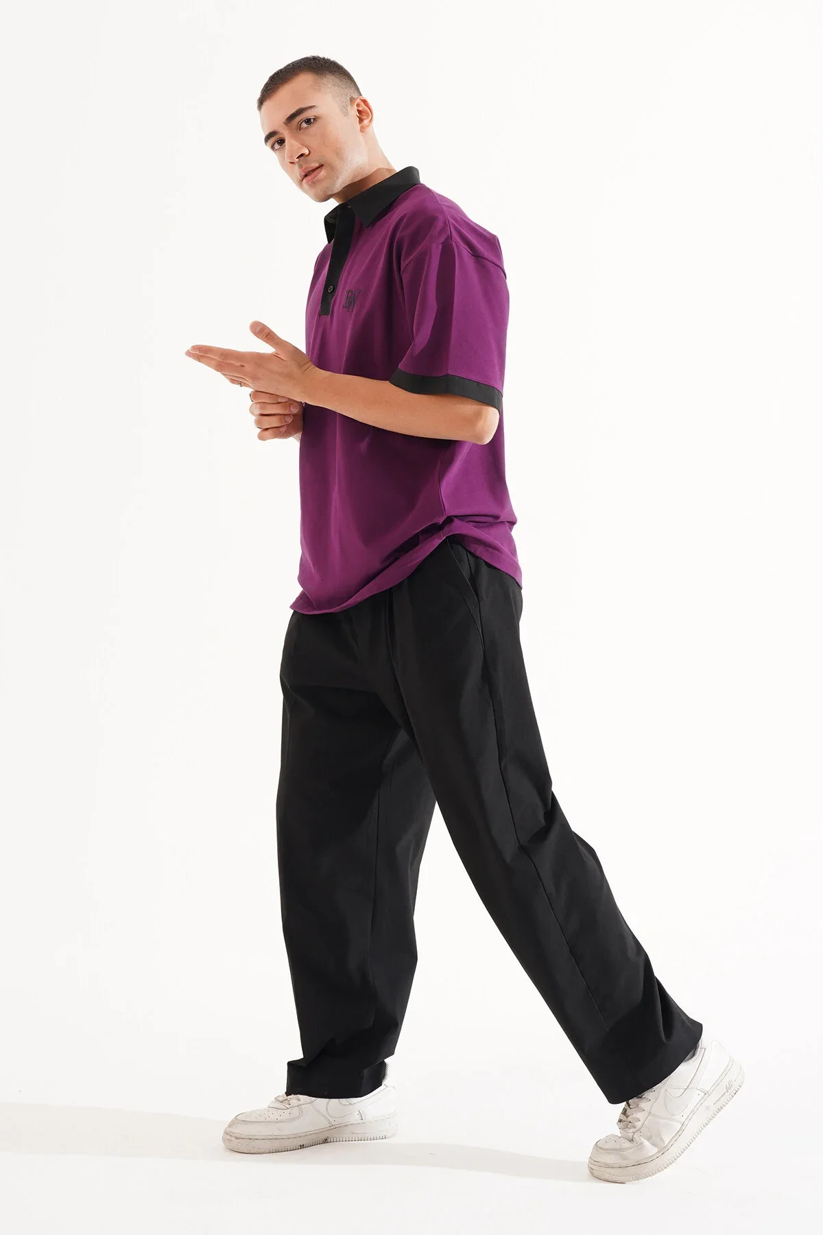 Erkek Oversize Mor Polo Yaka T-shirt - görsel 6