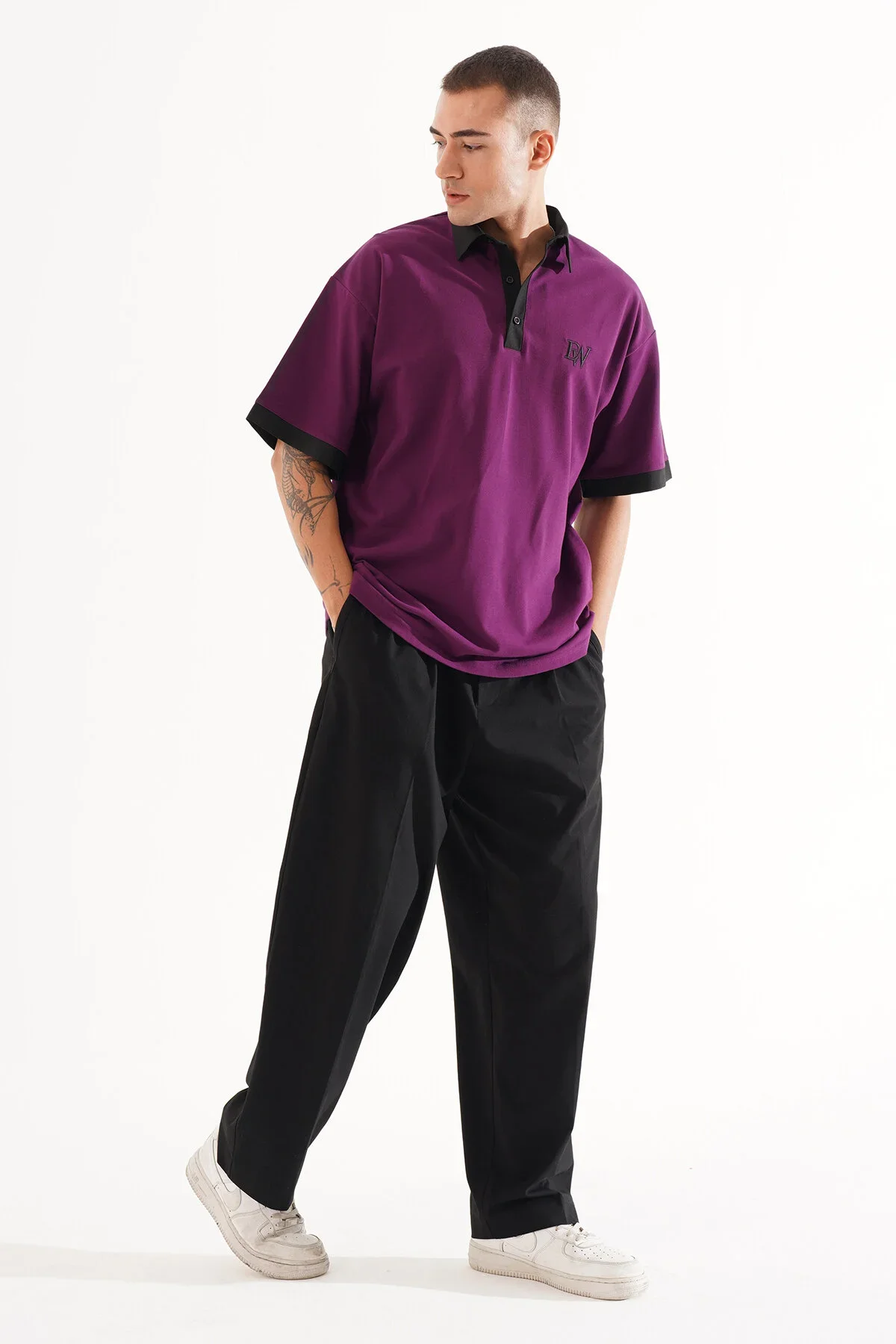 Erkek Oversize Mor Polo Yaka T-shirt - görsel 7