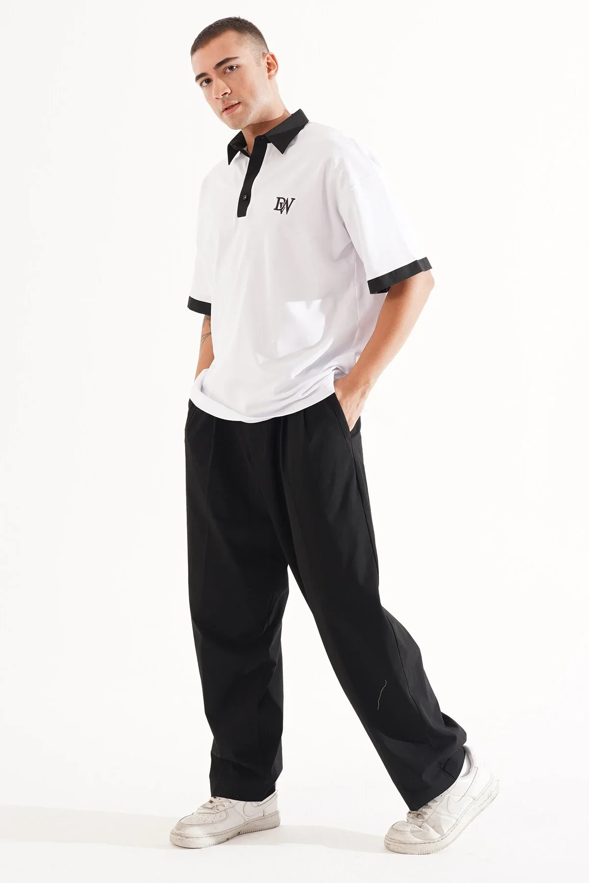 Erkek Oversize Beyaz Polo Yaka T-shirt - görsel 7