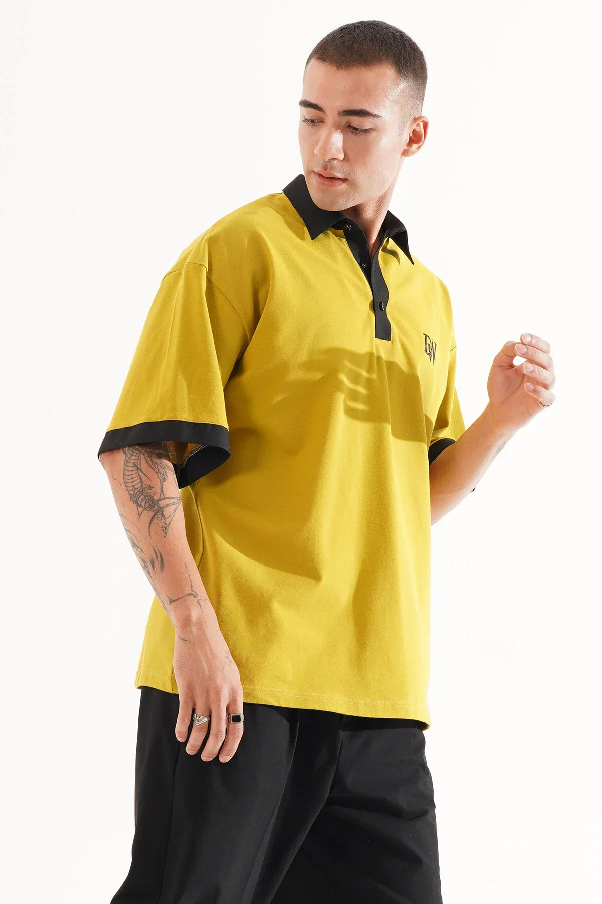 Erkek Oversize Hardal Polo Yaka T-shirt - görsel 3