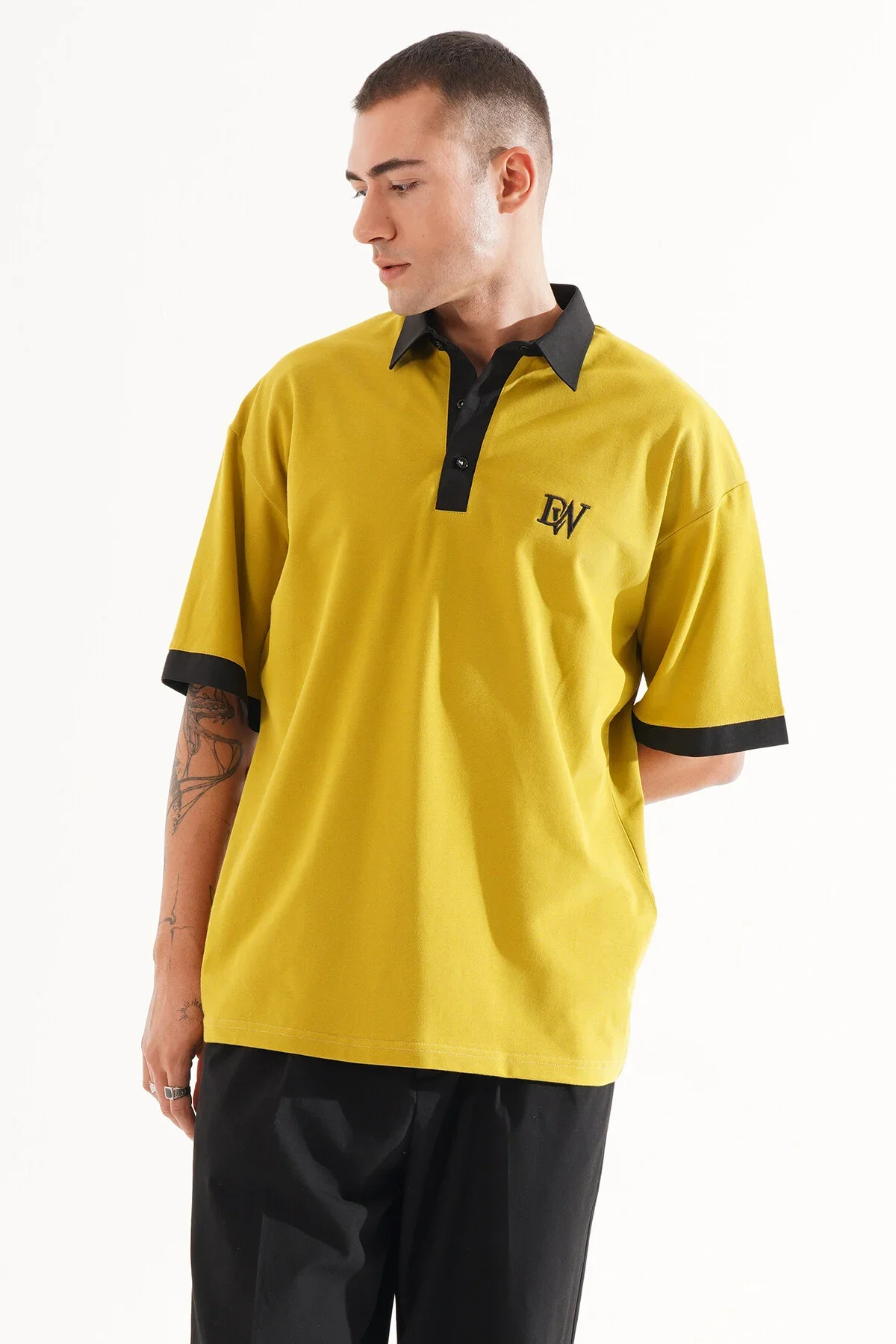 Erkek Oversize Hardal Polo Yaka T-shirt - görsel 4